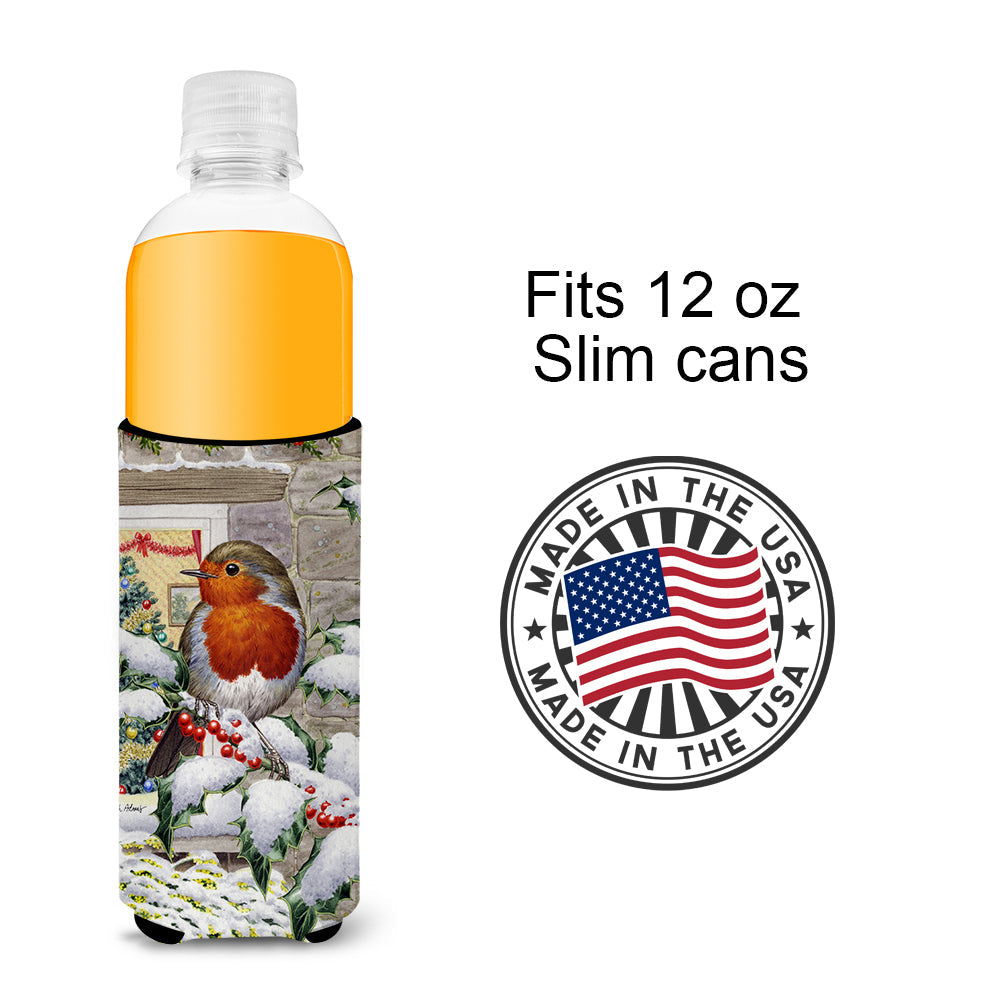 European Robin at the Window Slim Can Hugger , Insulated Foam Hugger for 12 oz Slim Cans, Beer Bottles & Water Bottles, Printed in USA