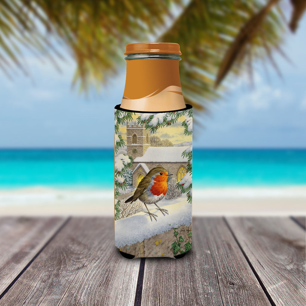 European Robin Waiting Slim Can Hugger , Insulated Foam Hugger for 12 oz Slim Cans, Beer Bottles & Water Bottles, Printed in USA