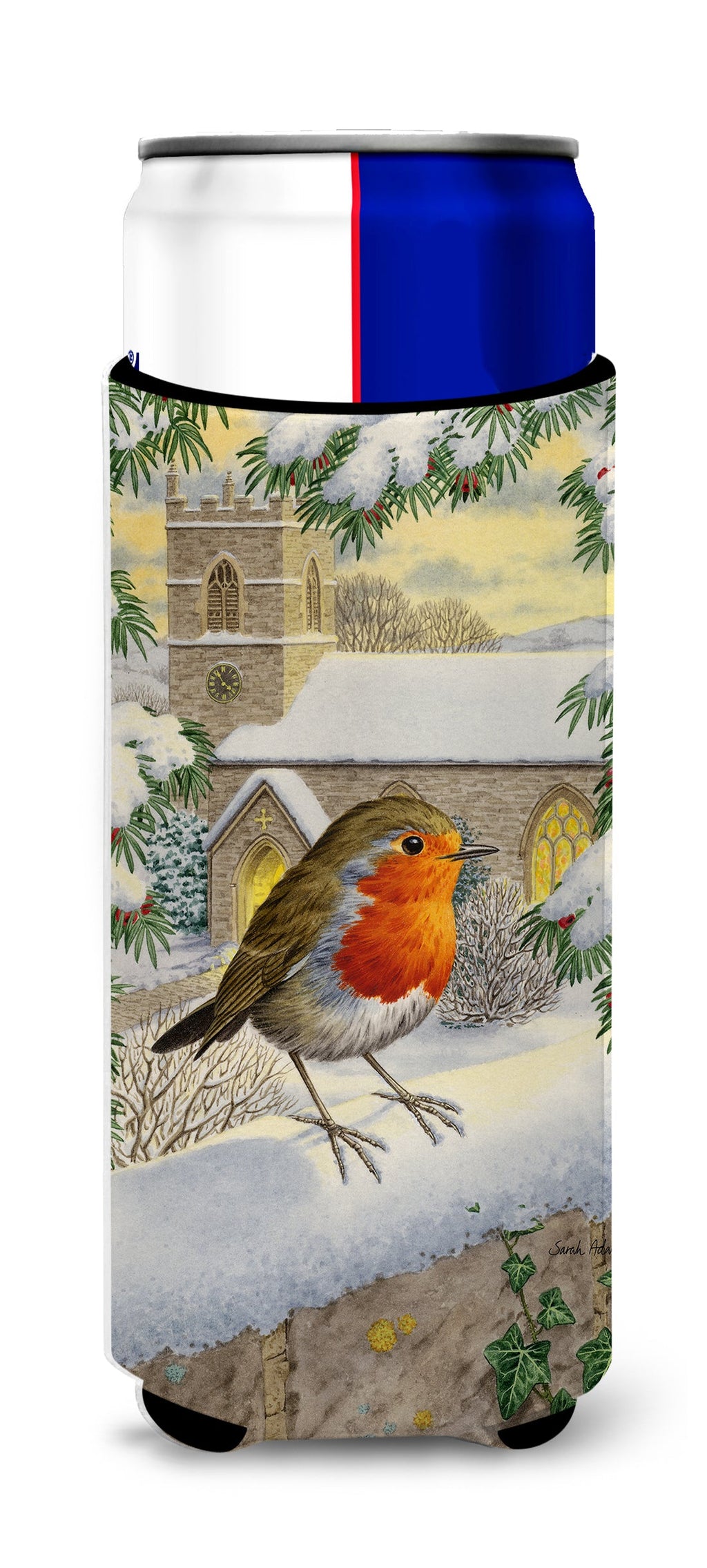 European Robin Waiting Slim Can Hugger , Insulated Foam Hugger for 12 oz Slim Cans, Beer Bottles & Water Bottles, Printed in USA