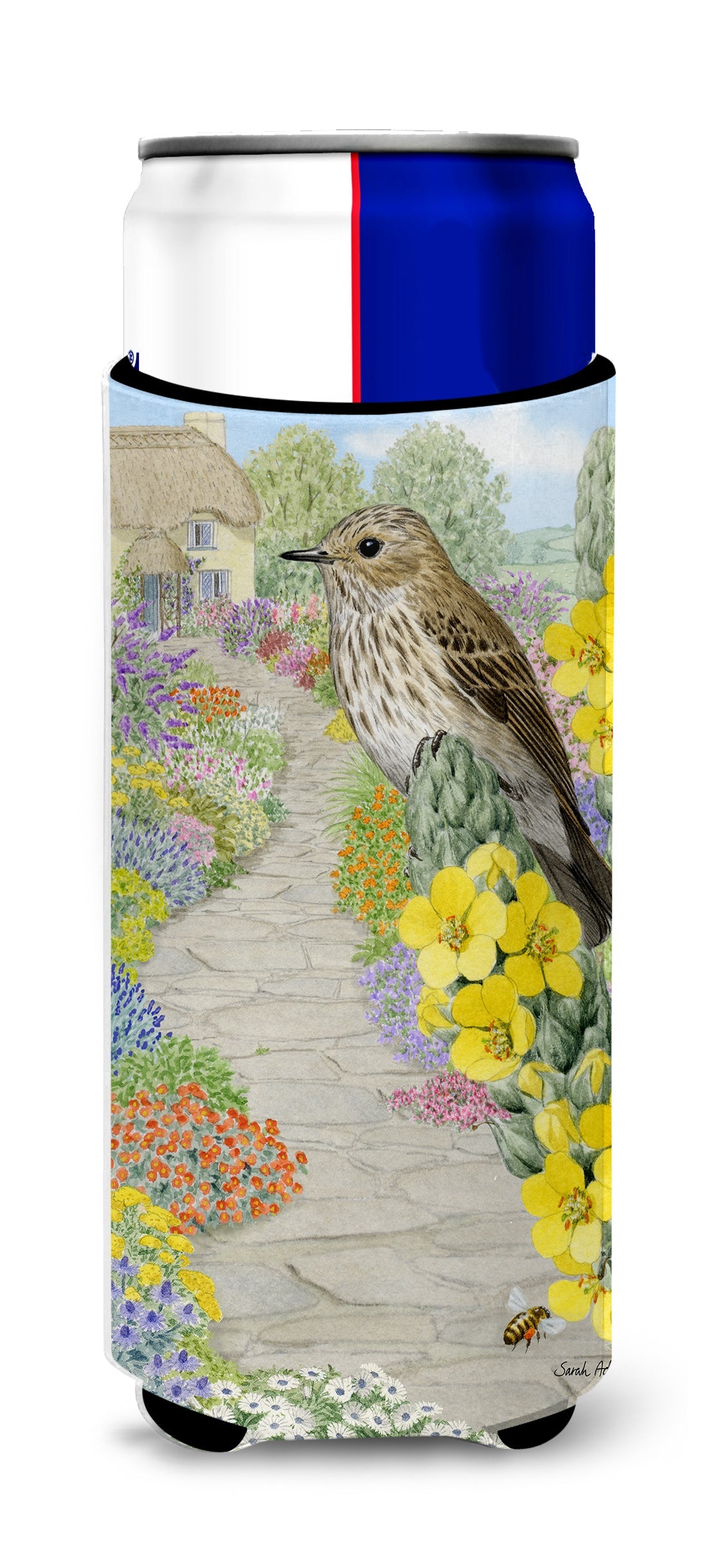Spotted Flycatcher Slim Can Hugger , Insulated Foam Hugger for 12 oz Slim Cans, Beer Bottles & Water Bottles, Printed in USA