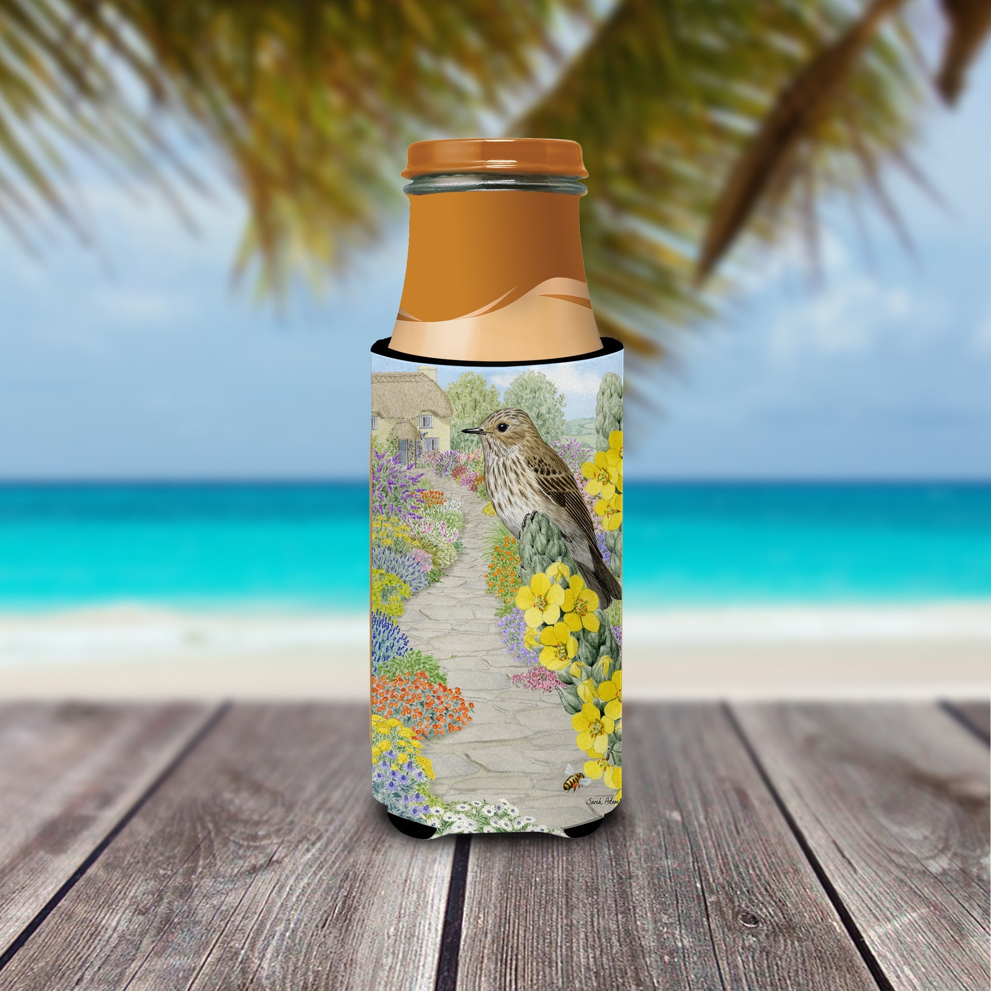 Spotted Flycatcher Slim Can Hugger , Insulated Foam Hugger for 12 oz Slim Cans, Beer Bottles & Water Bottles, Printed in USA