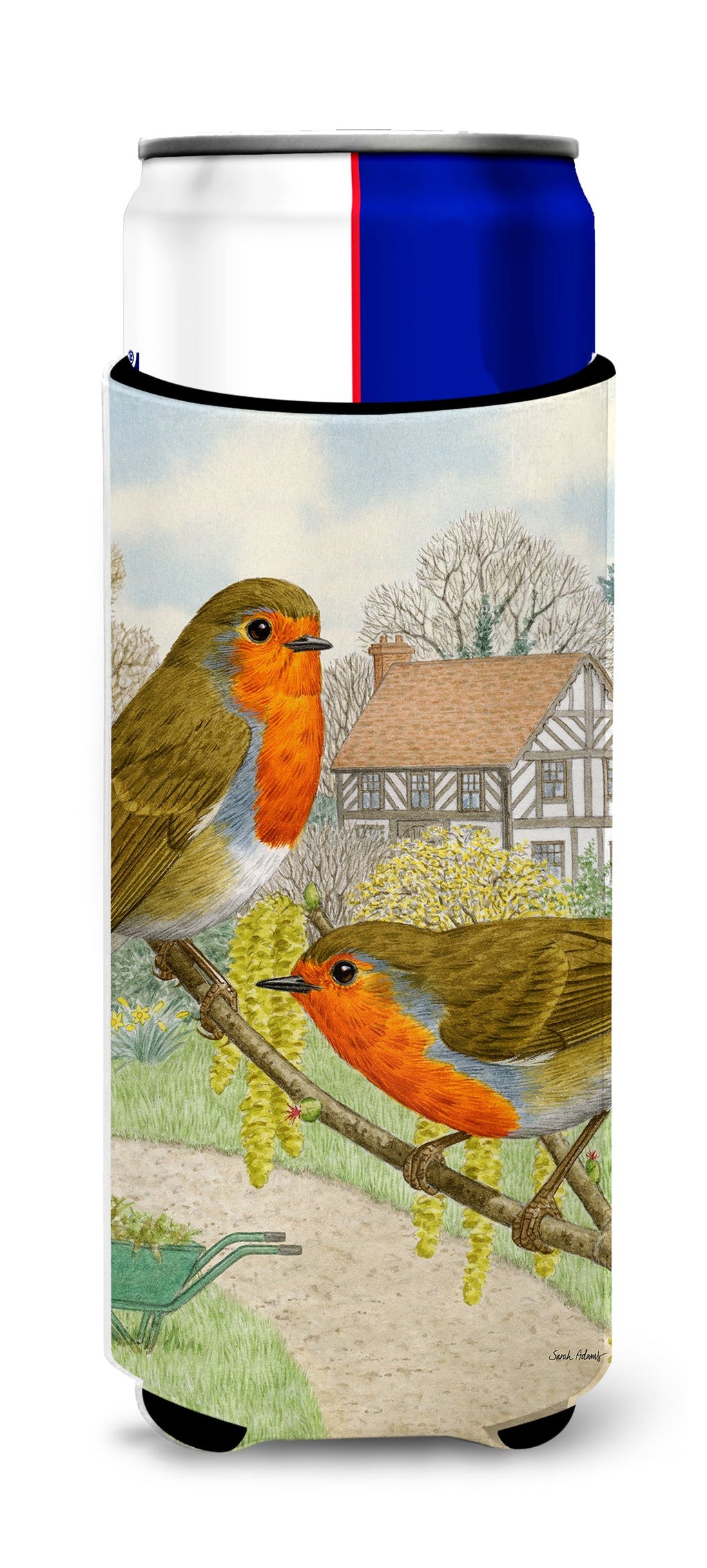 European Robins Slim Can Hugger , Insulated Foam Hugger for 12 oz Slim Cans, Beer Bottles & Water Bottles, Printed in USA