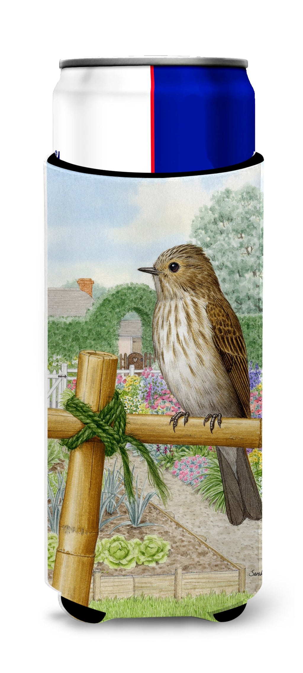 Spotted Flycatcher Slim Can Hugger , Insulated Foam Hugger for 12 oz Slim Cans, Beer Bottles & Water Bottles, Printed in USA