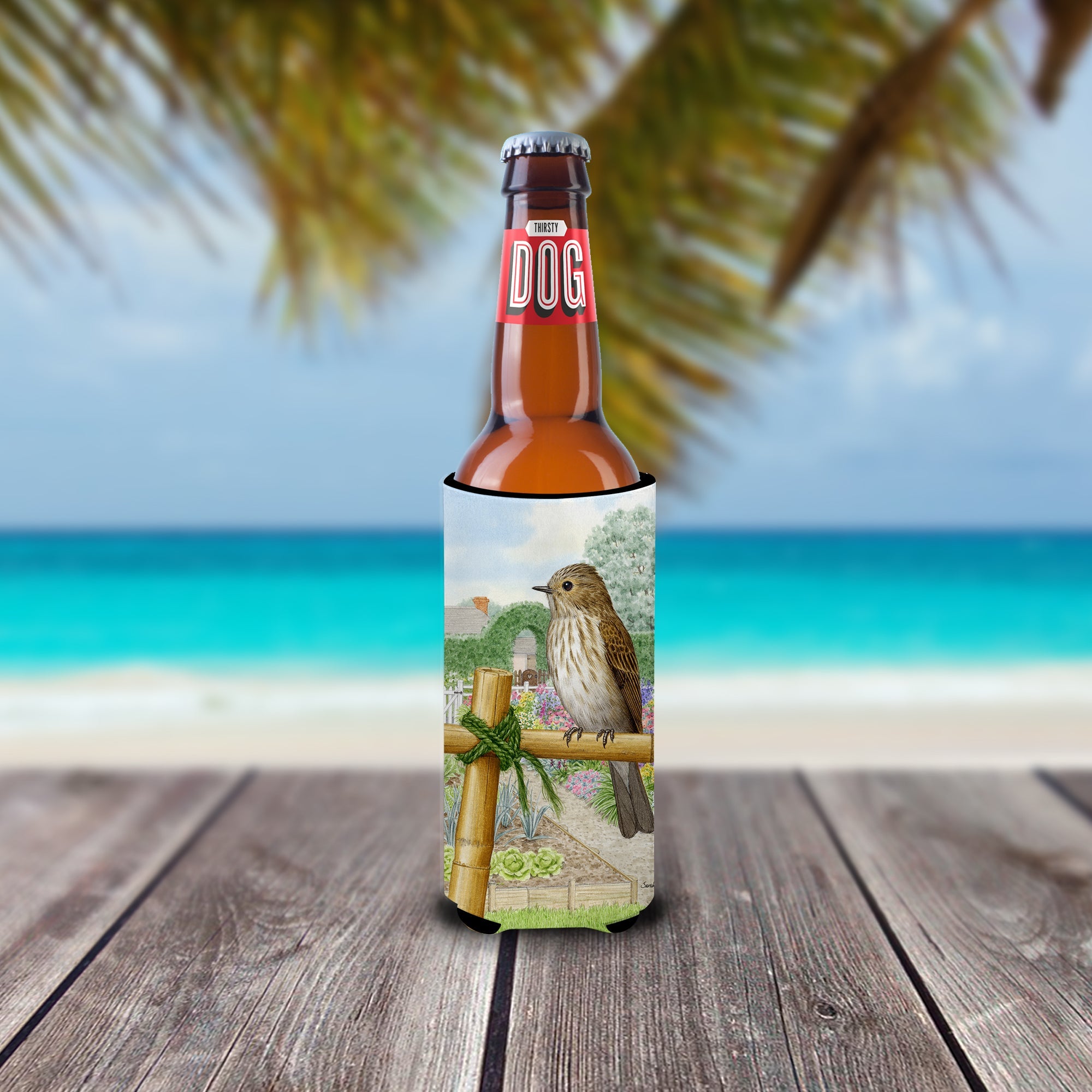 Spotted Flycatcher Slim Can Hugger , Insulated Foam Hugger for 12 oz Slim Cans, Beer Bottles & Water Bottles, Printed in USA