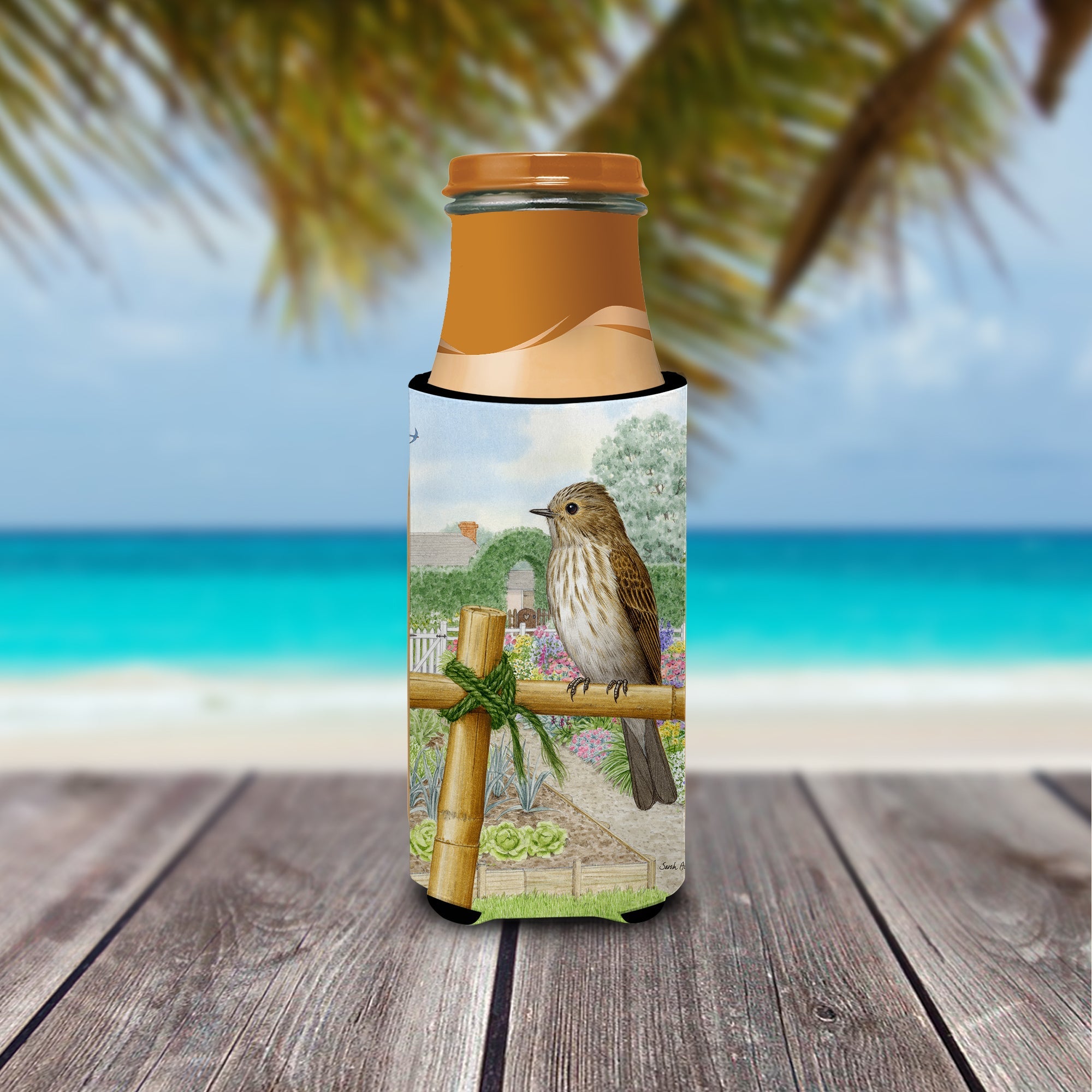 Spotted Flycatcher Slim Can Hugger , Insulated Foam Hugger for 12 oz Slim Cans, Beer Bottles & Water Bottles, Printed in USA