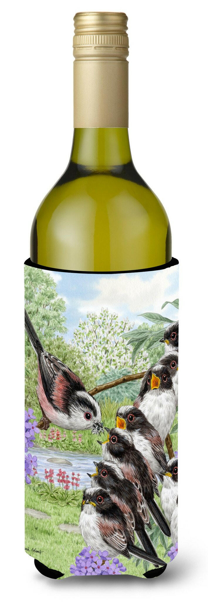 Long Tailed Tits Wine Bottle Hugger Gift Sleeve for Standard 750 ml Bottles, Insulated Reusable Also Fits Mini Shot & Pint Bottles