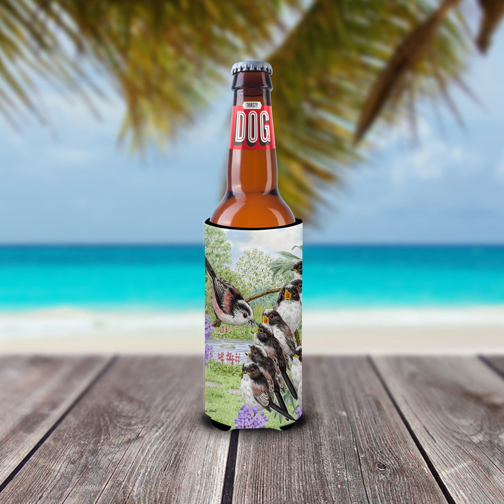 Long Tailed Tits Slim Can Hugger , Insulated Foam Hugger for 12 oz Slim Cans, Beer Bottles & Water Bottles, Printed in USA