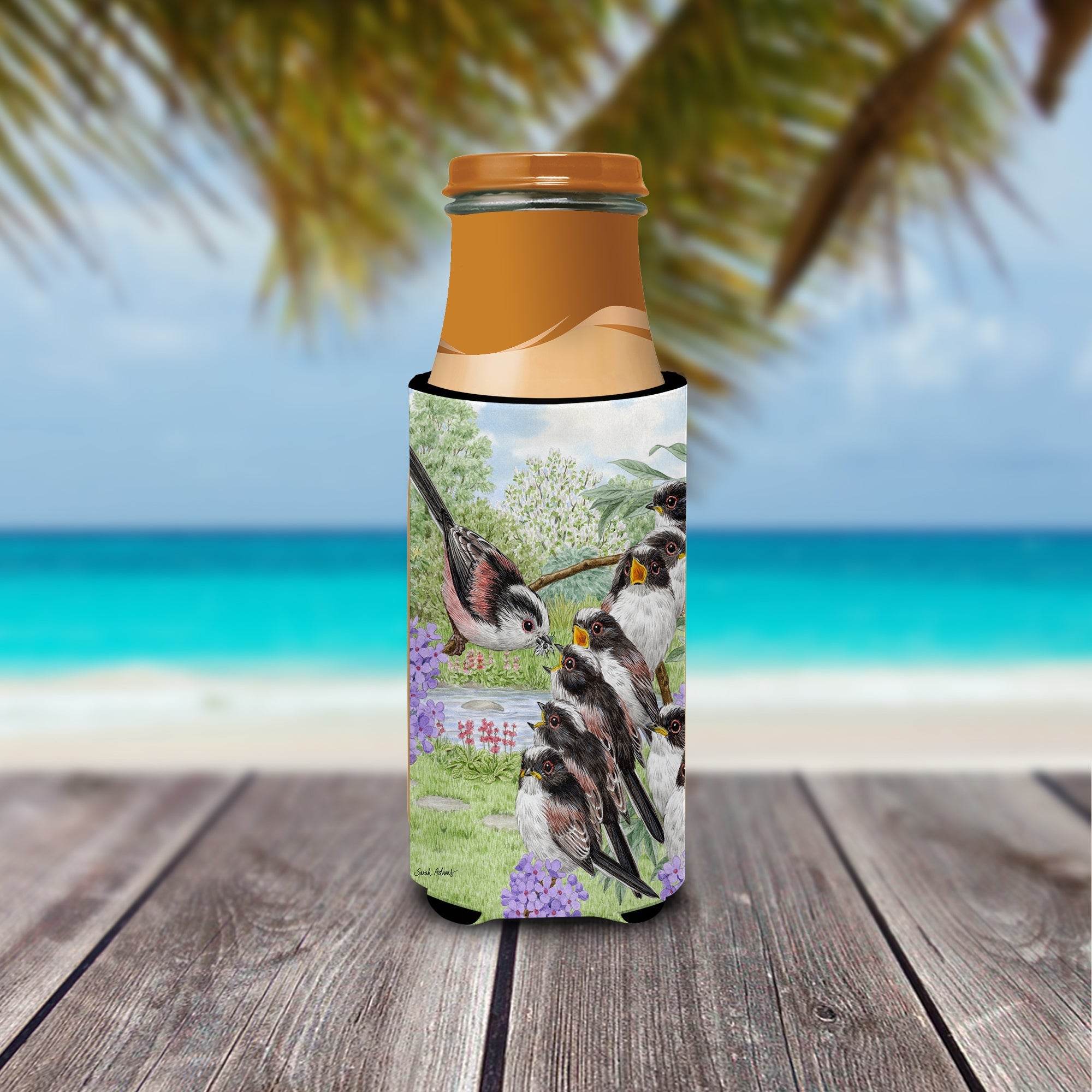 Long Tailed Tits Slim Can Hugger , Insulated Foam Hugger for 12 oz Slim Cans, Beer Bottles & Water Bottles, Printed in USA
