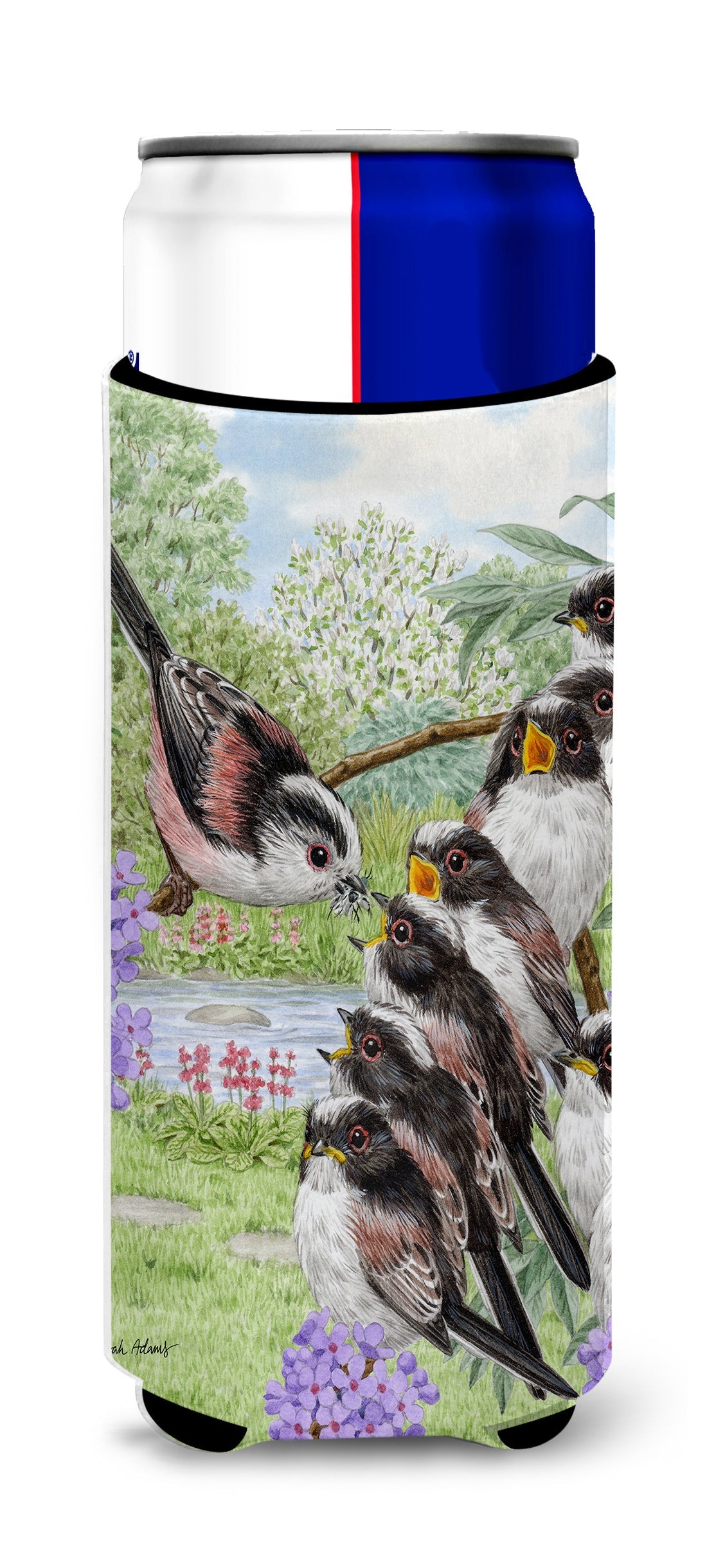 Long Tailed Tits Slim Can Hugger , Insulated Foam Hugger for 12 oz Slim Cans, Beer Bottles & Water Bottles, Printed in USA