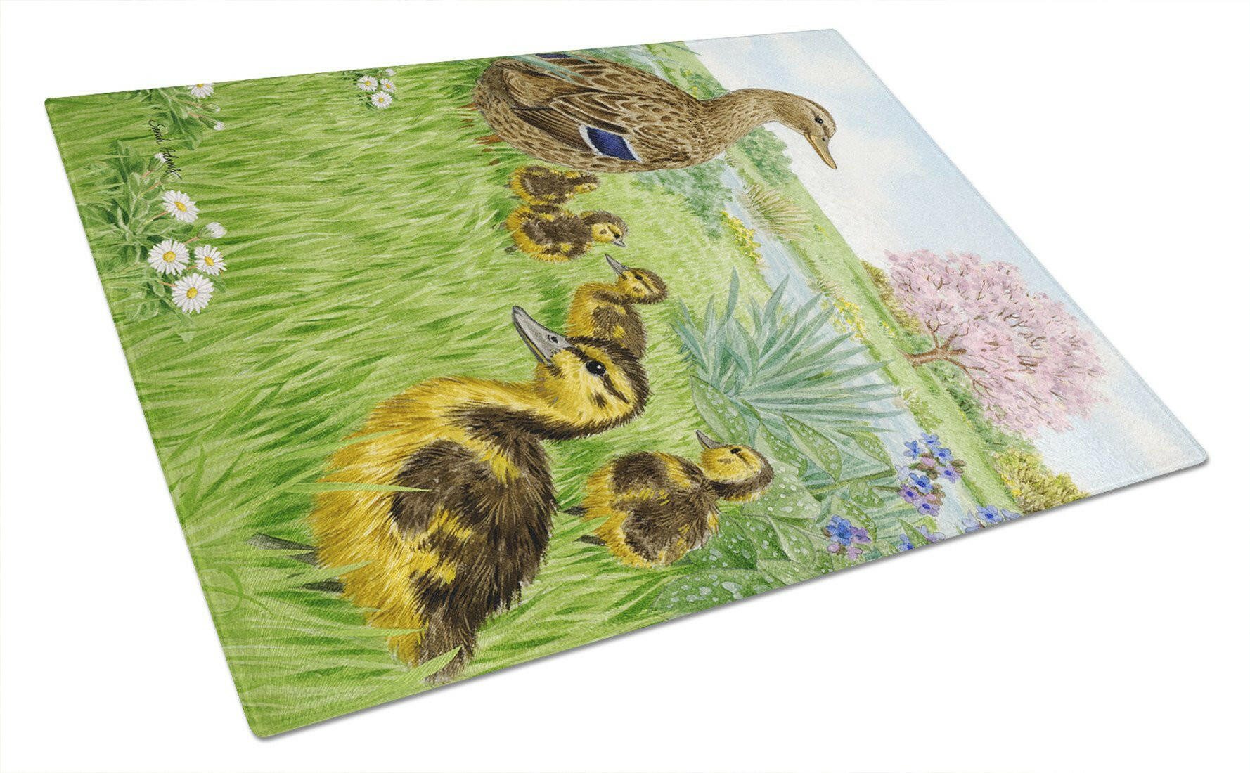 Female Mallard Duck & Ducklings Cutting Board Tempered Glass Kitchen Cutting Surface, Heat Resistant Chopping, Non-Slip Feet, Food Prep & Serving