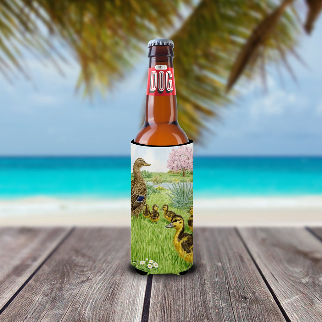 Female Mallard Duck & Ducklings Slim Can Hugger , Insulated Foam Hugger for 12 oz Slim Cans, Beer Bottles & Water Bottles, Printed in USA