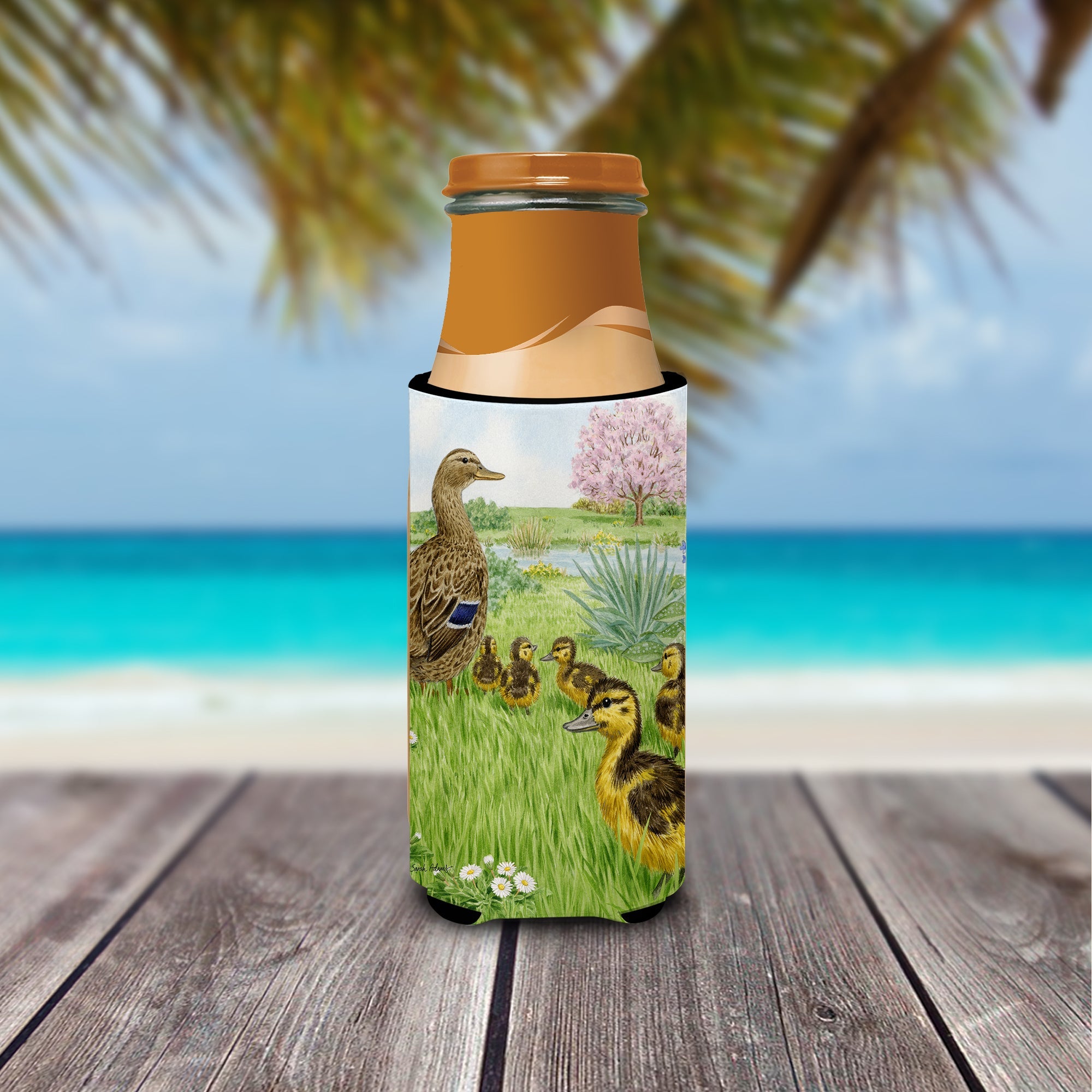 Female Mallard Duck & Ducklings Slim Can Hugger , Insulated Foam Hugger for 12 oz Slim Cans, Beer Bottles & Water Bottles, Printed in USA
