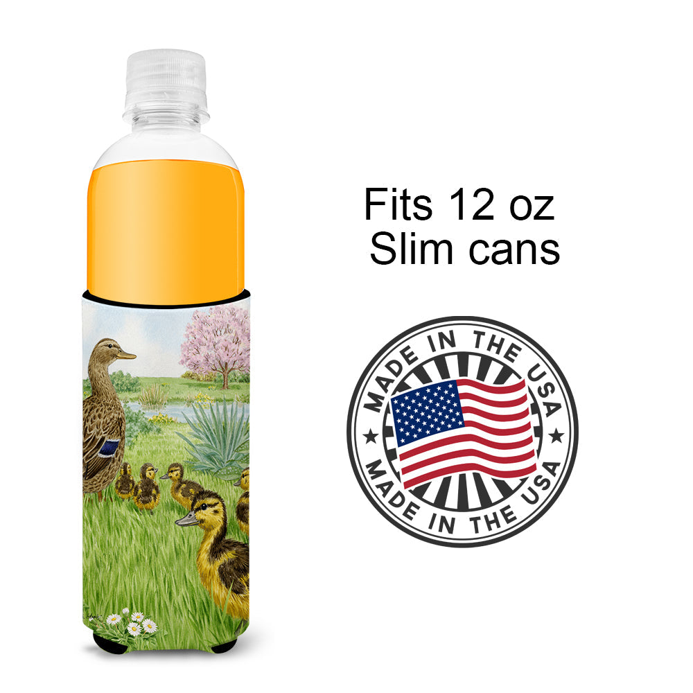 Female Mallard Duck & Ducklings Slim Can Hugger , Insulated Foam Hugger for 12 oz Slim Cans, Beer Bottles & Water Bottles, Printed in USA