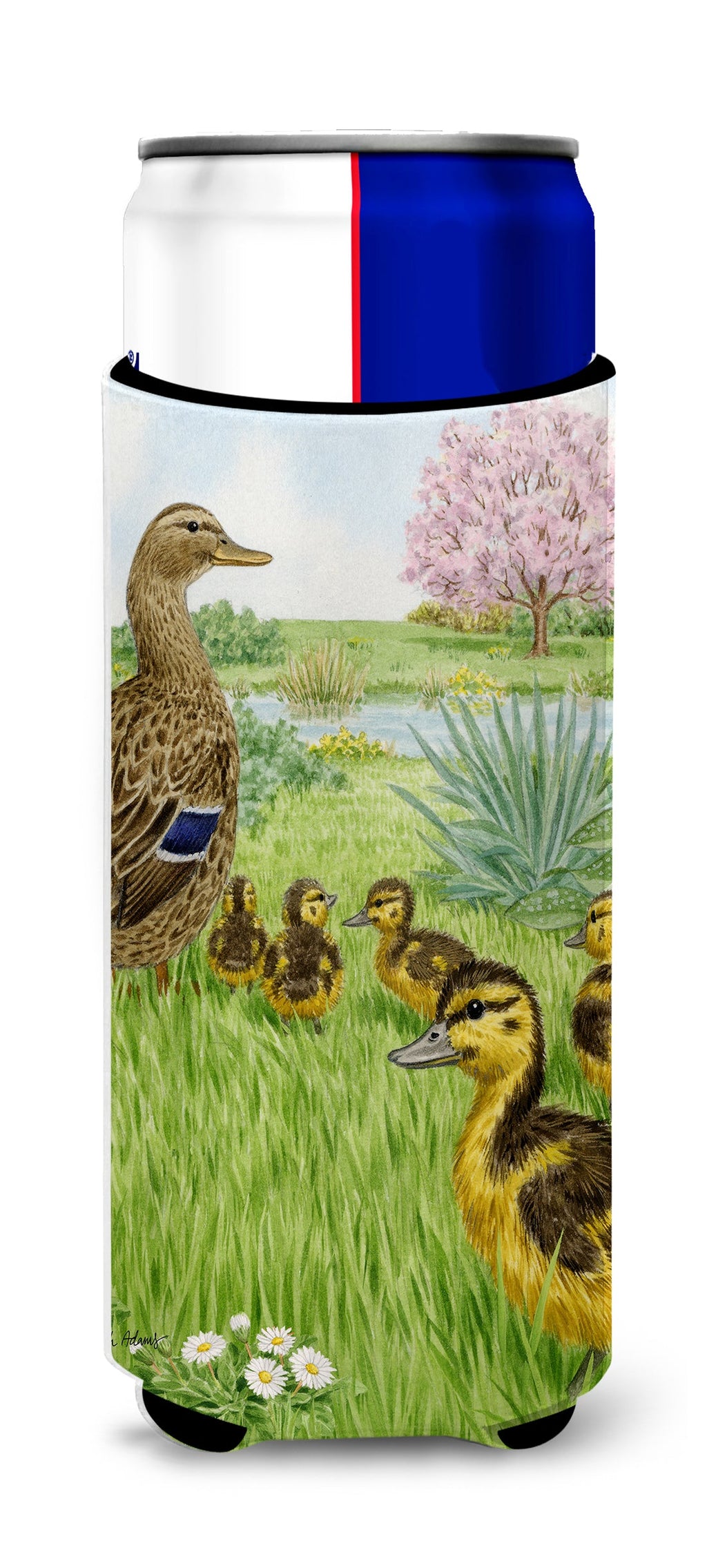 Female Mallard Duck & Ducklings Slim Can Hugger , Insulated Foam Hugger for 12 oz Slim Cans, Beer Bottles & Water Bottles, Printed in USA