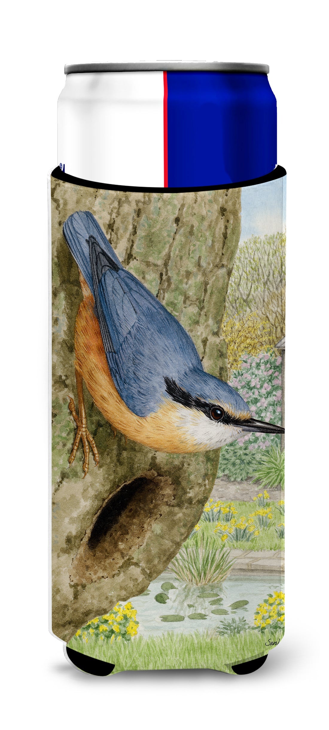 Red-breasted Nuthatch Slim Can Hugger , Insulated Foam Hugger for 12 oz Slim Cans, Beer Bottles & Water Bottles, Printed in USA