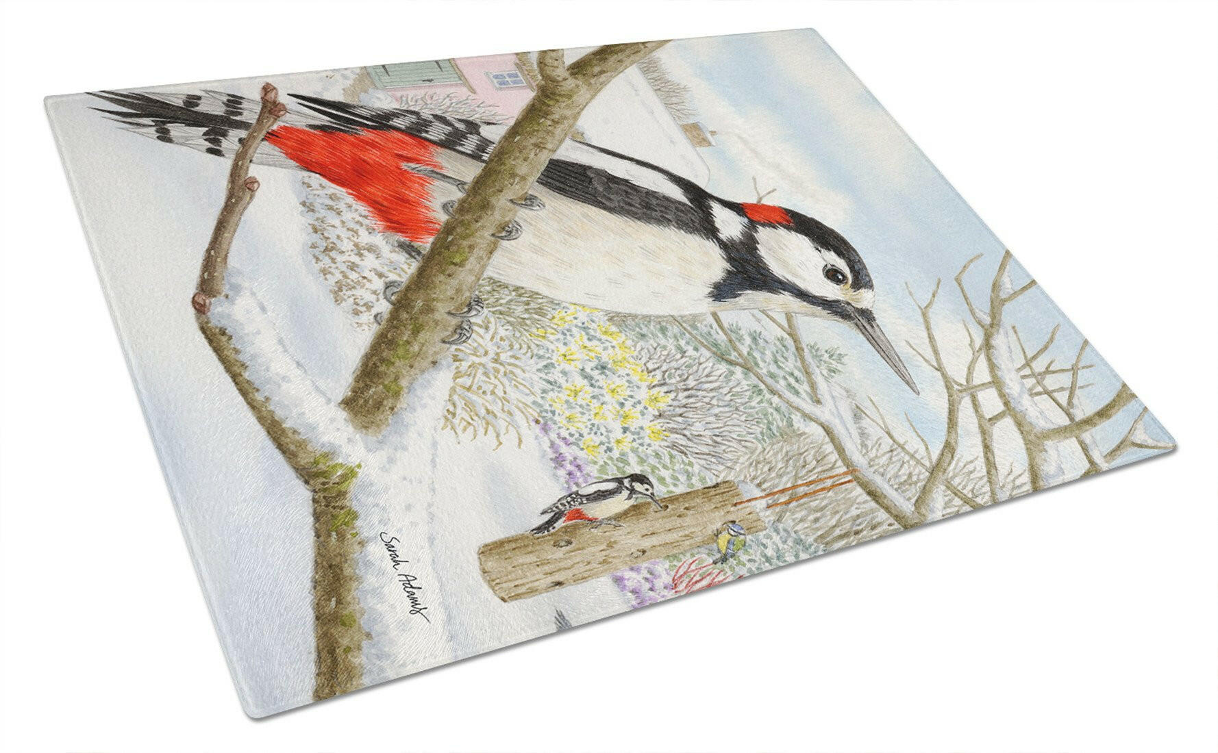 Spotted Woodpecker Cutting Board Tempered Glass Kitchen Cutting Surface, Heat Resistant Chopping, Non-Slip Feet, Food Prep & Serving