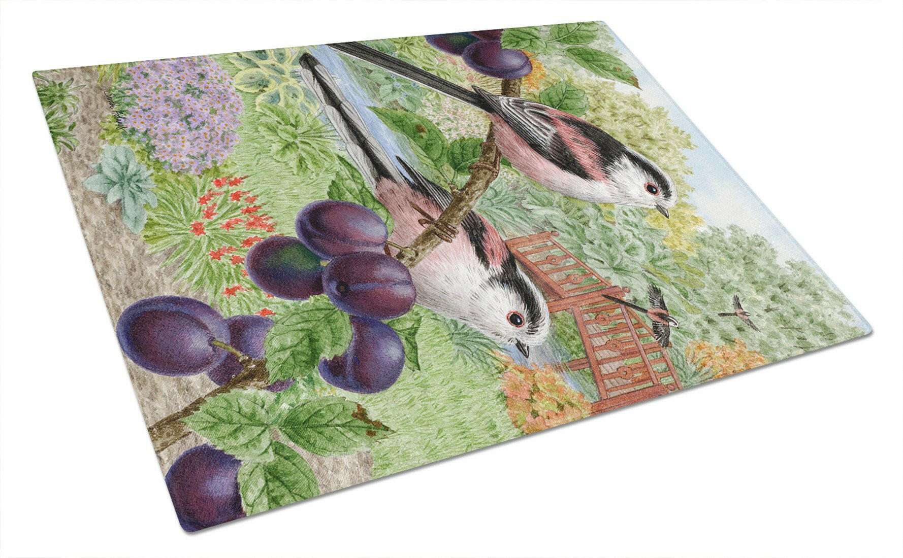 Long Tailed Tits Cutting Board Tempered Glass Kitchen Cutting Surface, Heat Resistant Chopping, Non-Slip Feet, Food Prep & Serving