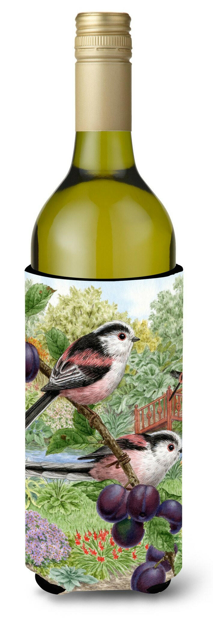 Long Tailed Tits Wine Bottle Hugger Gift Sleeve for Standard 750 ml Bottles, Insulated Reusable Also Fits Mini Shot & Pint Bottles