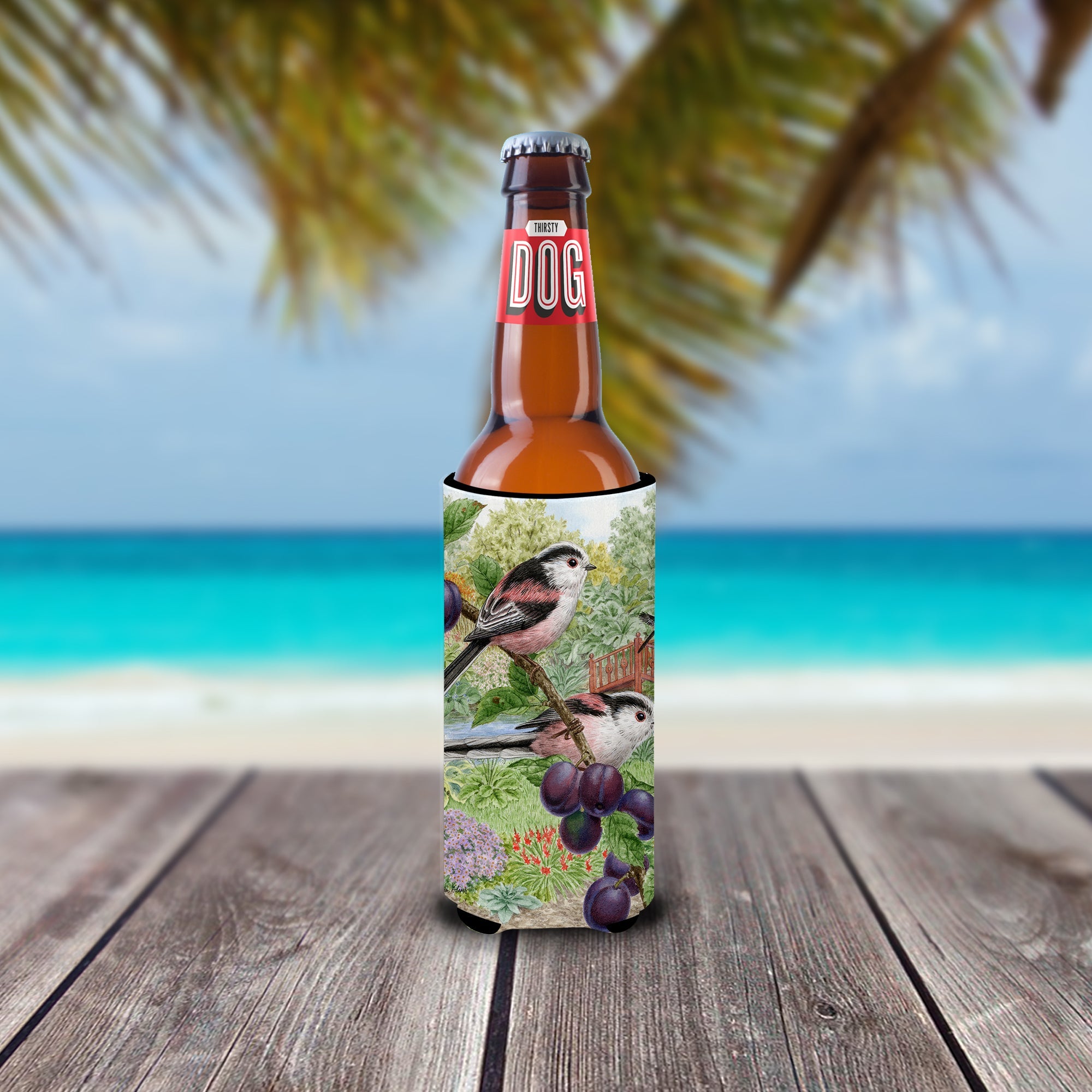Long Tailed Tits Slim Can Hugger , Insulated Foam Hugger for 12 oz Slim Cans, Beer Bottles & Water Bottles, Printed in USA