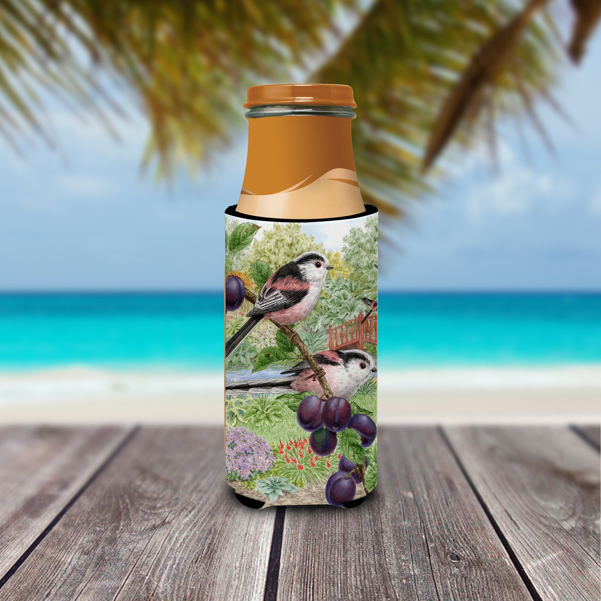 Long Tailed Tits Slim Can Hugger , Insulated Foam Hugger for 12 oz Slim Cans, Beer Bottles & Water Bottles, Printed in USA