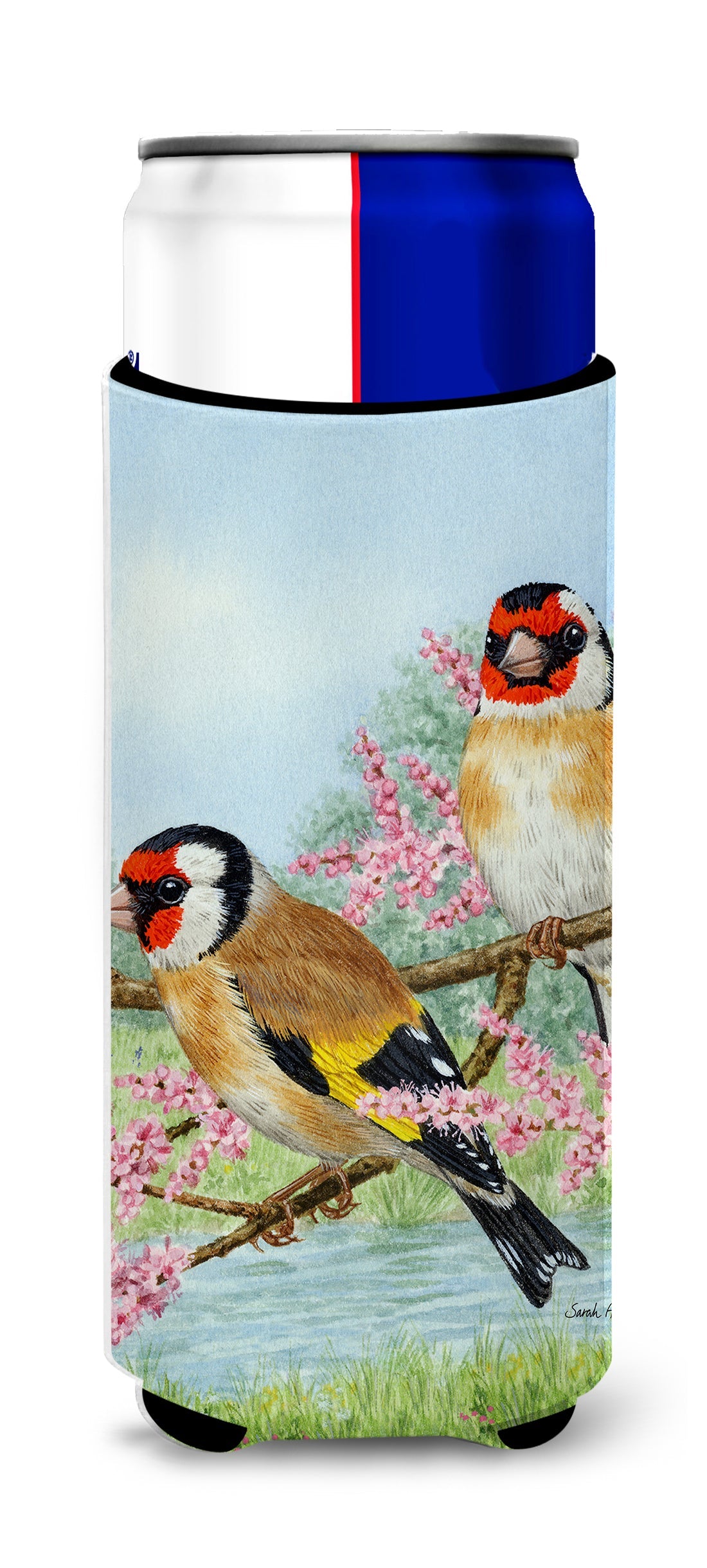 European Goldfinches Slim Can Hugger , Insulated Foam Hugger for 12 oz Slim Cans, Beer Bottles & Water Bottles, Printed in USA