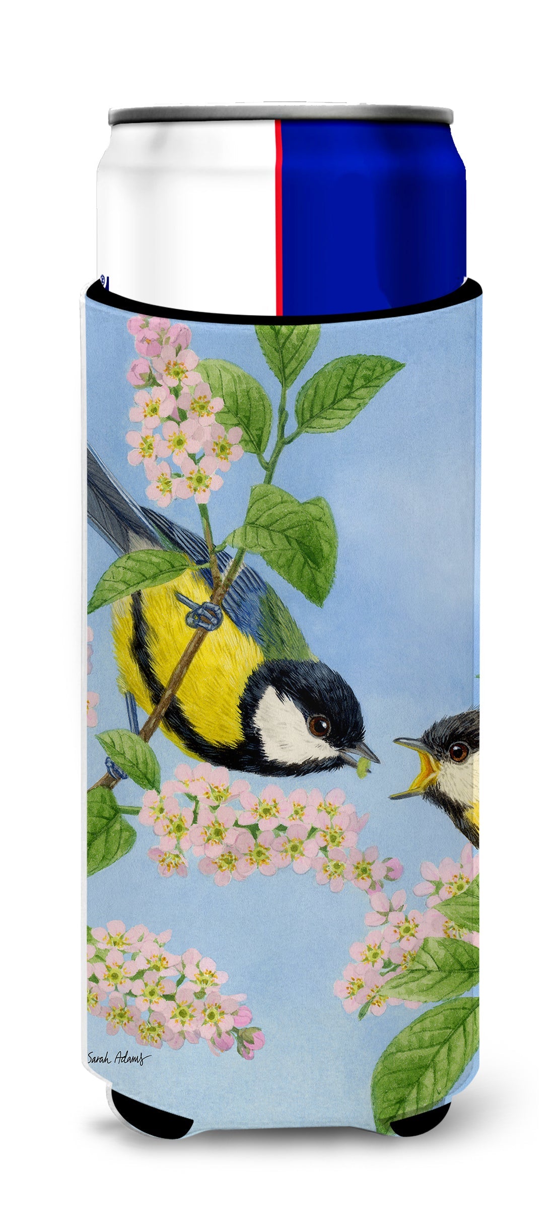 Eurasian Blue Tits Birds Slim Can Hugger , Insulated Foam Hugger for 12 oz Slim Cans, Beer Bottles & Water Bottles, Printed in USA