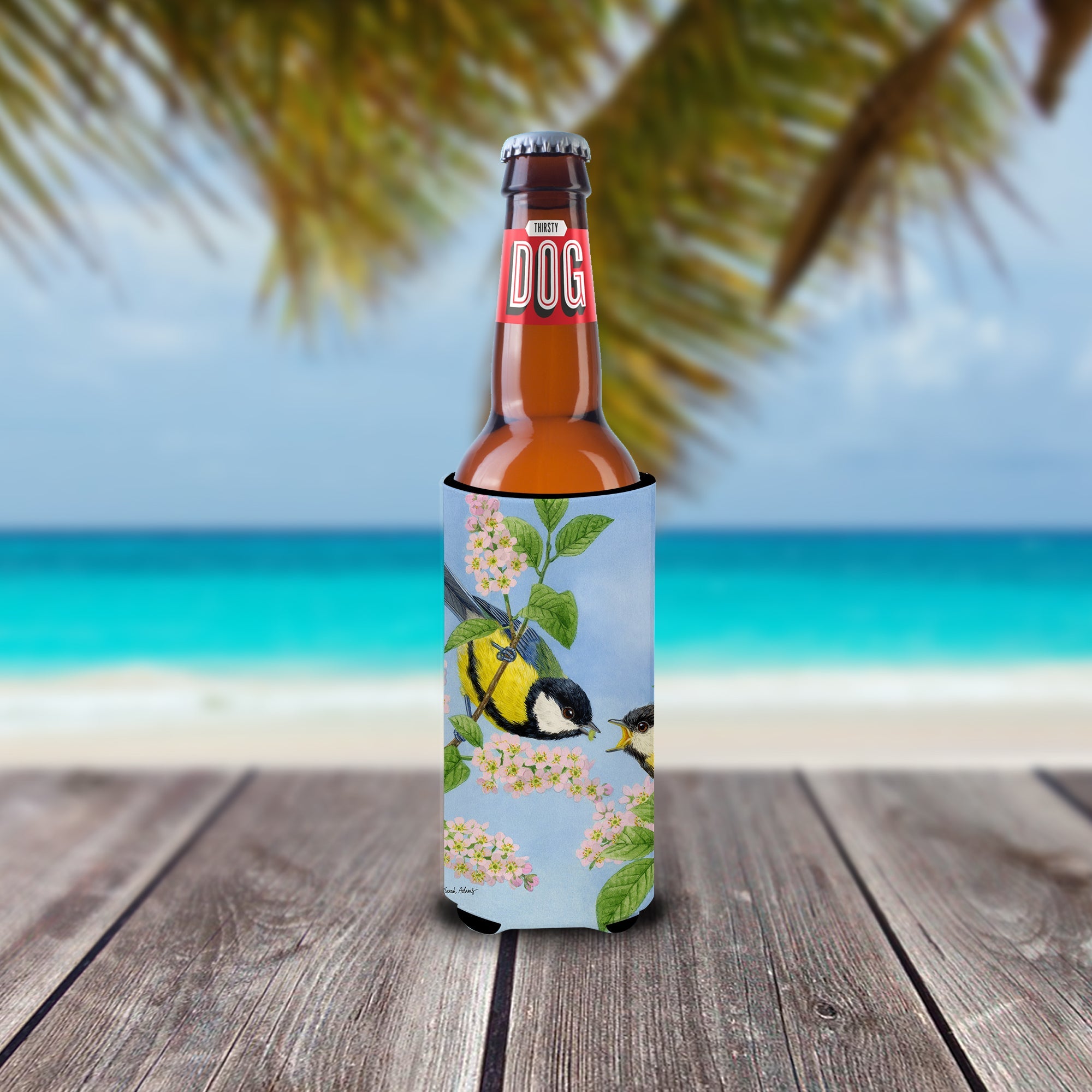 Eurasian Blue Tits Birds Slim Can Hugger , Insulated Foam Hugger for 12 oz Slim Cans, Beer Bottles & Water Bottles, Printed in USA