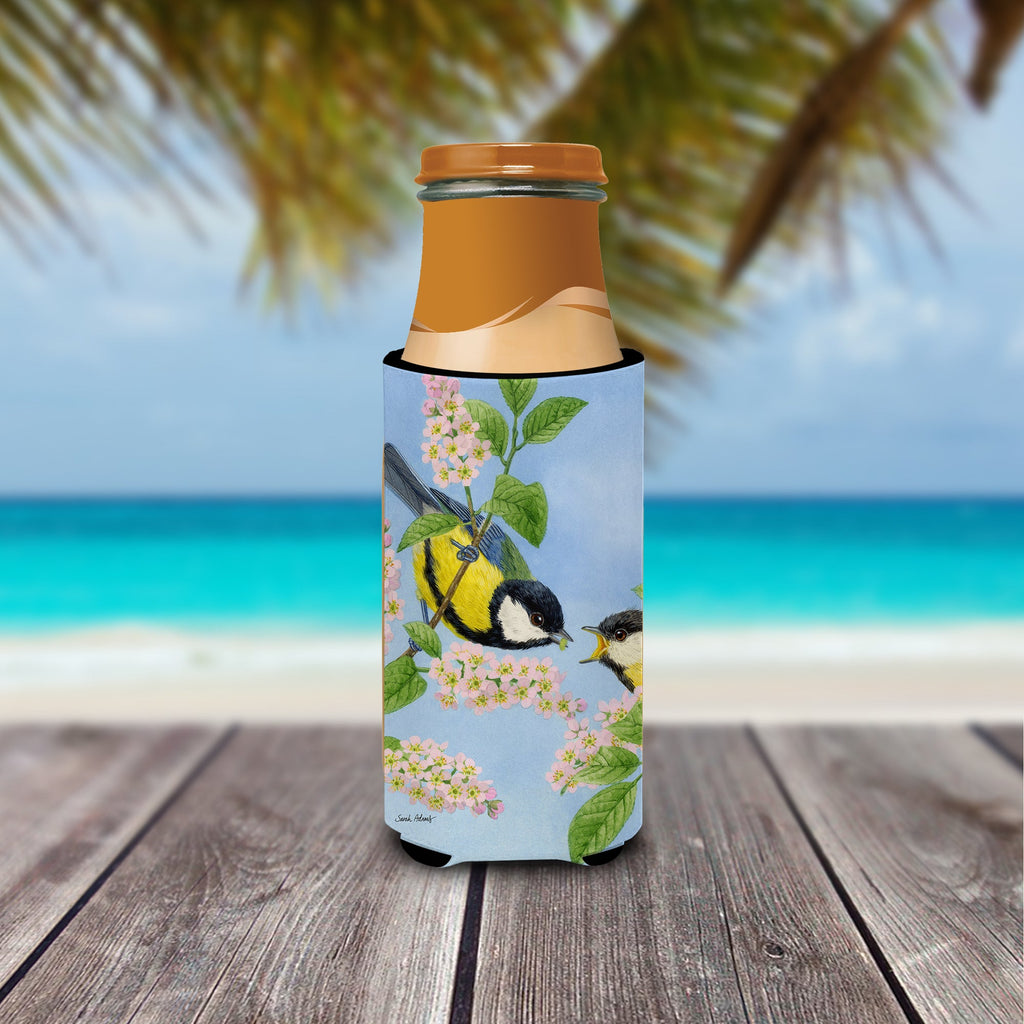 Eurasian Blue Tits Birds Slim Can Hugger , Insulated Foam Hugger for 12 oz Slim Cans, Beer Bottles & Water Bottles, Printed in USA