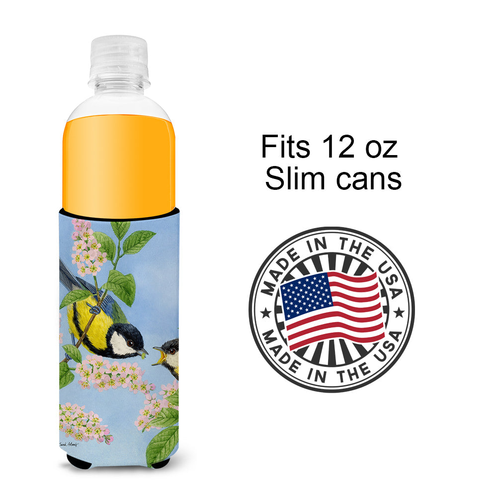 Eurasian Blue Tits Birds Slim Can Hugger , Insulated Foam Hugger for 12 oz Slim Cans, Beer Bottles & Water Bottles, Printed in USA