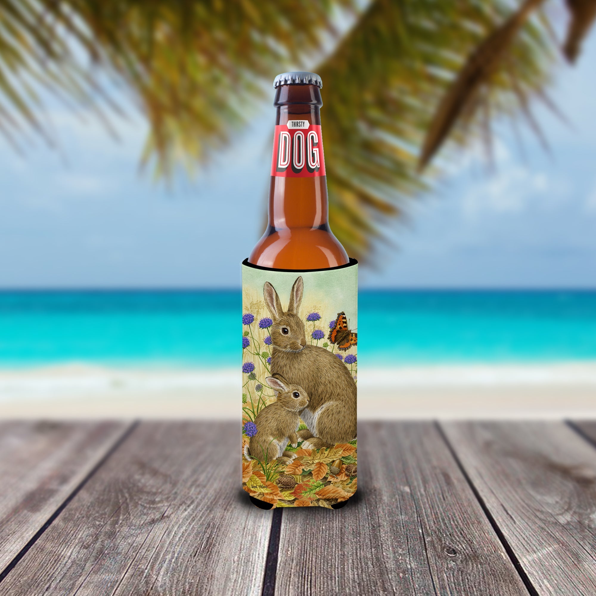 Rabbit & Baby Slim Can Hugger , Insulated Foam Hugger for 12 oz Slim Cans, Beer Bottles & Water Bottles, Printed in USA