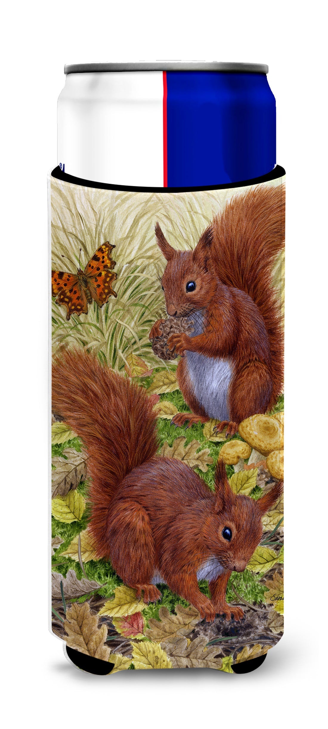Red Squirrels Slim Can Hugger , Insulated Foam Hugger for 12 oz Slim Cans, Beer Bottles & Water Bottles, Printed in USA