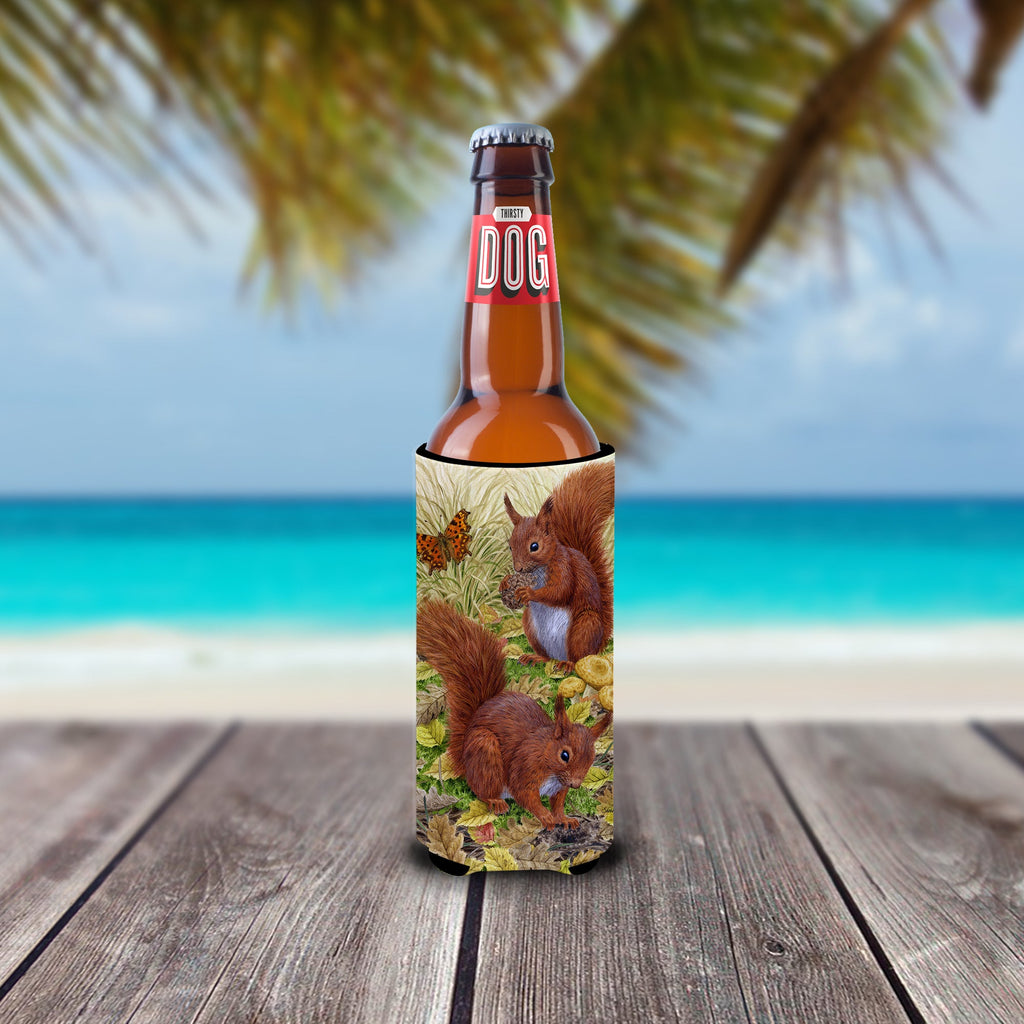 Red Squirrels Slim Can Hugger , Insulated Foam Hugger for 12 oz Slim Cans, Beer Bottles & Water Bottles, Printed in USA