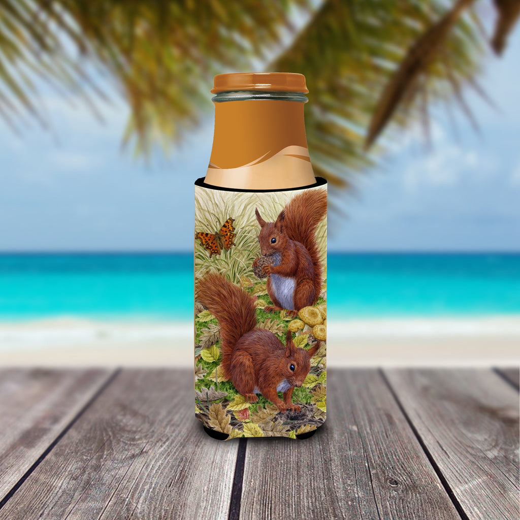 Red Squirrels Slim Can Hugger , Insulated Foam Hugger for 12 oz Slim Cans, Beer Bottles & Water Bottles, Printed in USA