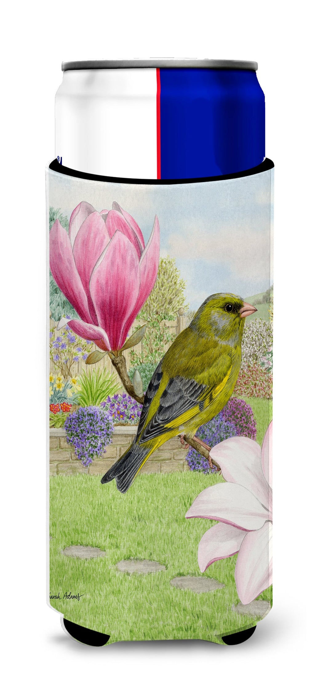 European Greenfinch Slim Can Hugger , Insulated Foam Hugger for 12 oz Slim Cans, Beer Bottles & Water Bottles, Printed in USA