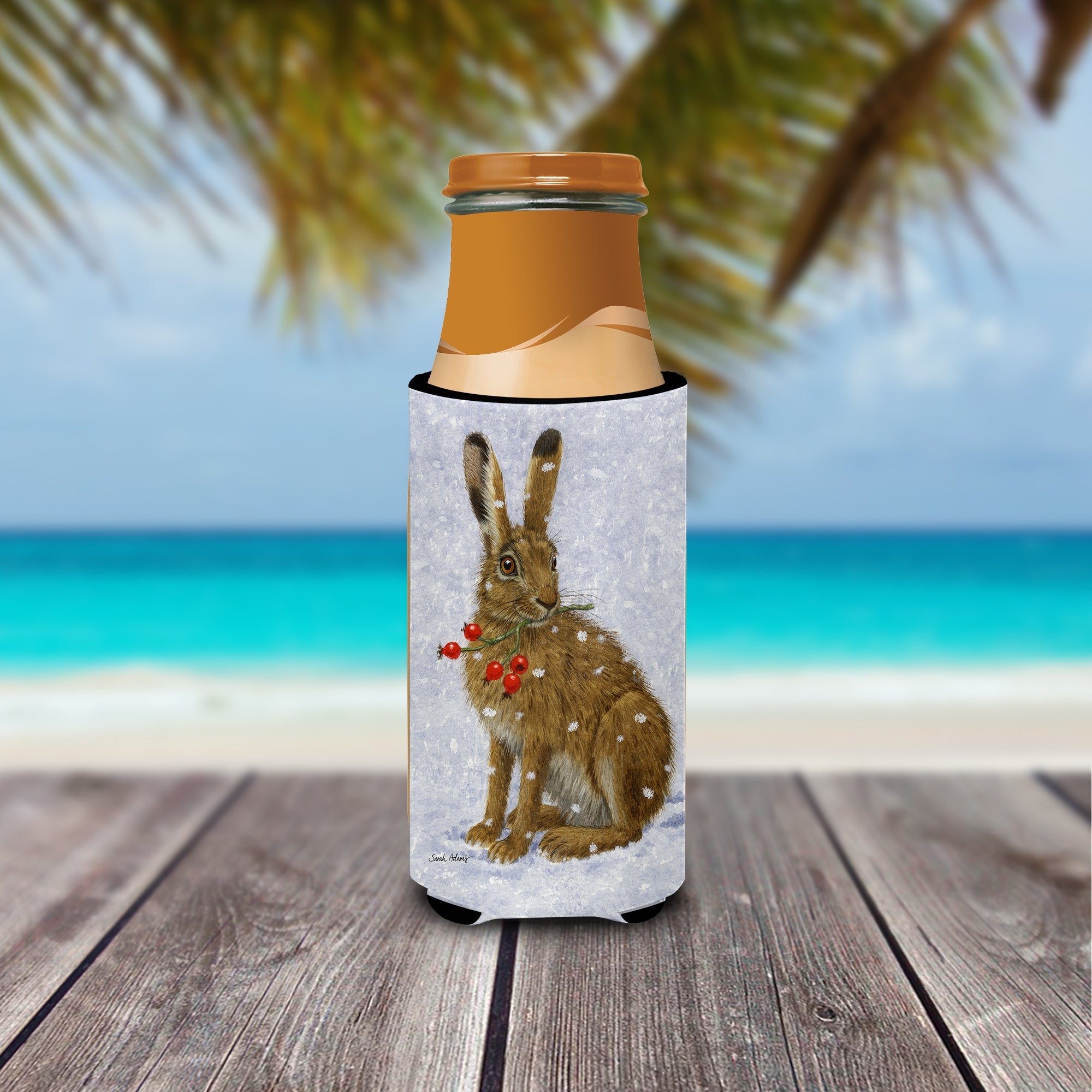 Rabbit Hare & Rosehips Slim Can Hugger , Insulated Foam Hugger for 12 oz Slim Cans, Beer Bottles & Water Bottles, Printed in USA
