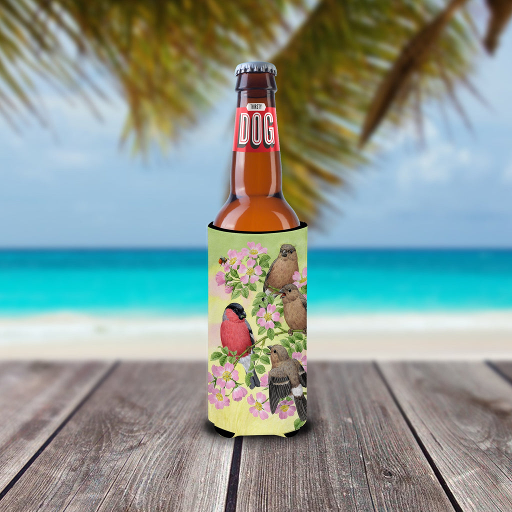 Eurasian Bullfinches Slim Can Hugger , Insulated Foam Hugger for 12 oz Slim Cans, Beer Bottles & Water Bottles, Printed in USA