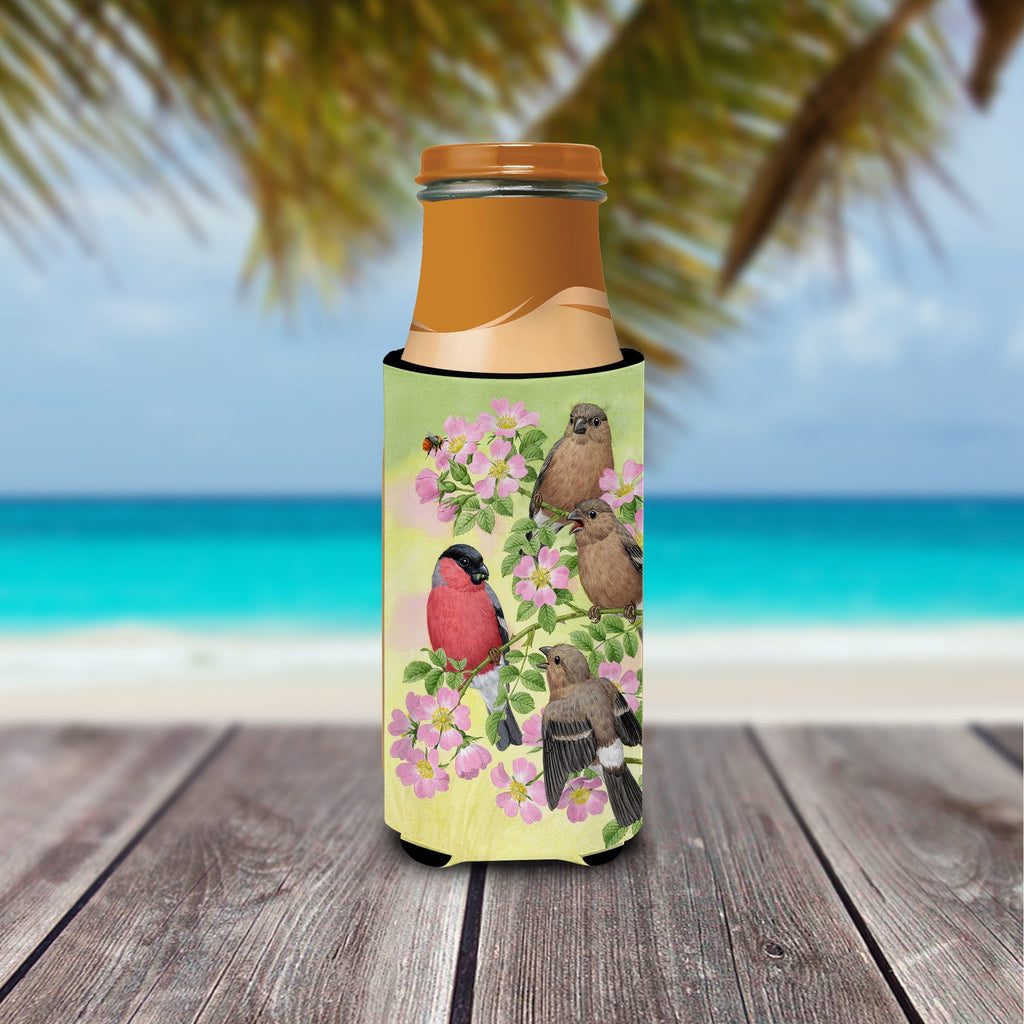 Eurasian Bullfinches Slim Can Hugger , Insulated Foam Hugger for 12 oz Slim Cans, Beer Bottles & Water Bottles, Printed in USA