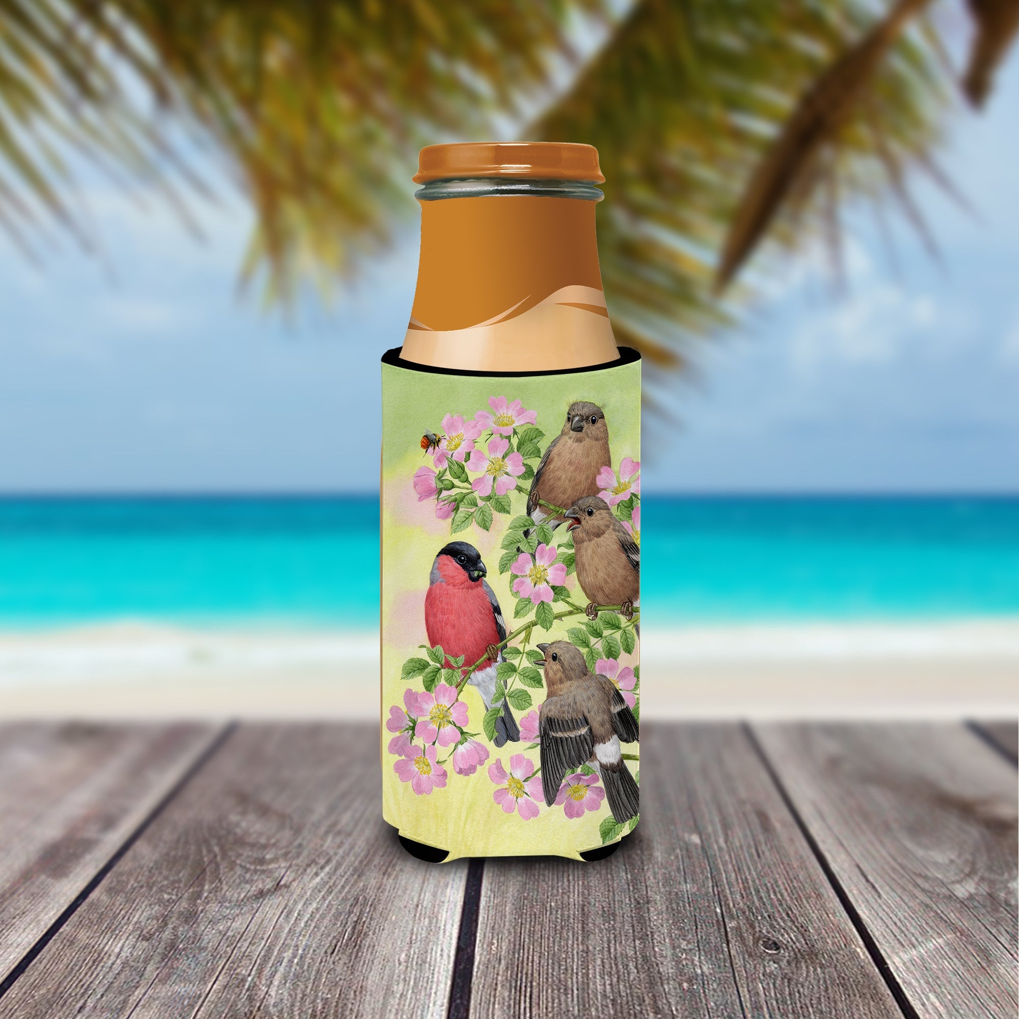 Eurasian Bullfinches Slim Can Hugger , Insulated Foam Hugger for 12 oz Slim Cans, Beer Bottles & Water Bottles, Printed in USA