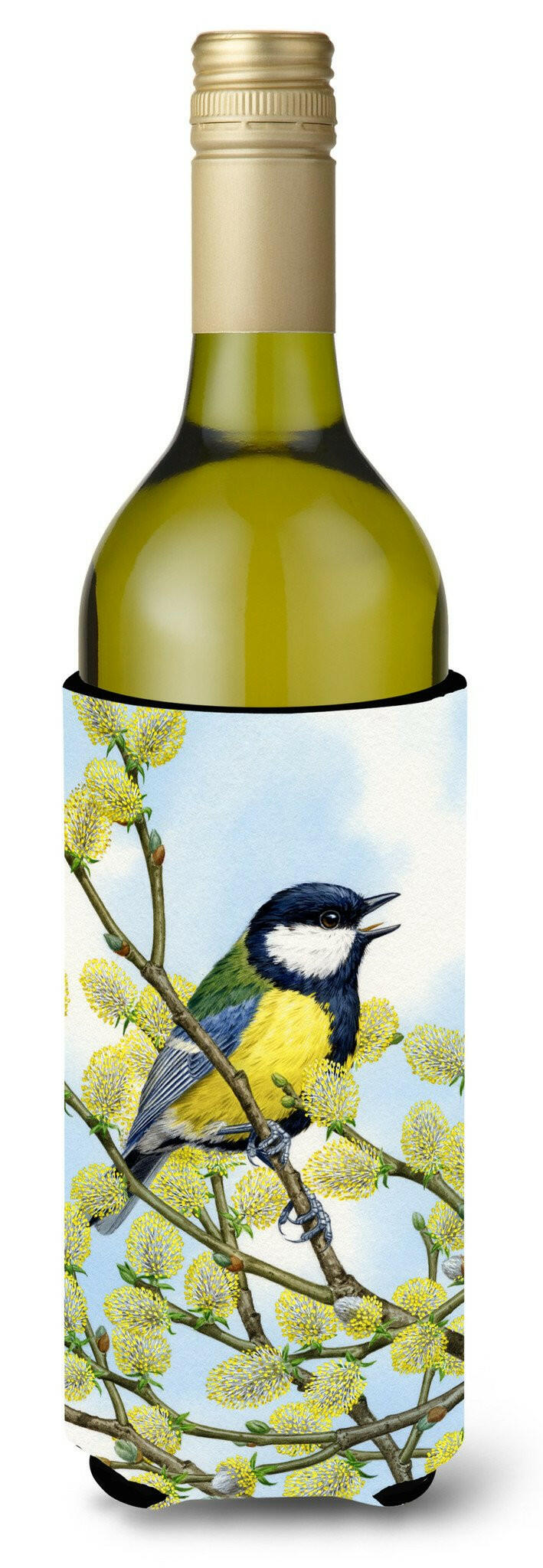 Eurasian Blue Tit on a branch Wine Bottle Hugger Gift Sleeve for Standard 750 ml Bottles, Insulated Reusable Also Fits Mini Shot & Pint Bottles