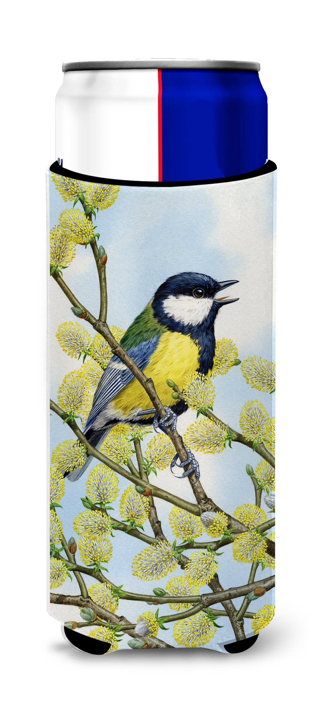 Eurasian Blue Tit on a branch Slim Can Hugger , Insulated Foam Hugger for 12 oz Slim Cans, Beer Bottles & Water Bottles, Printed in USA