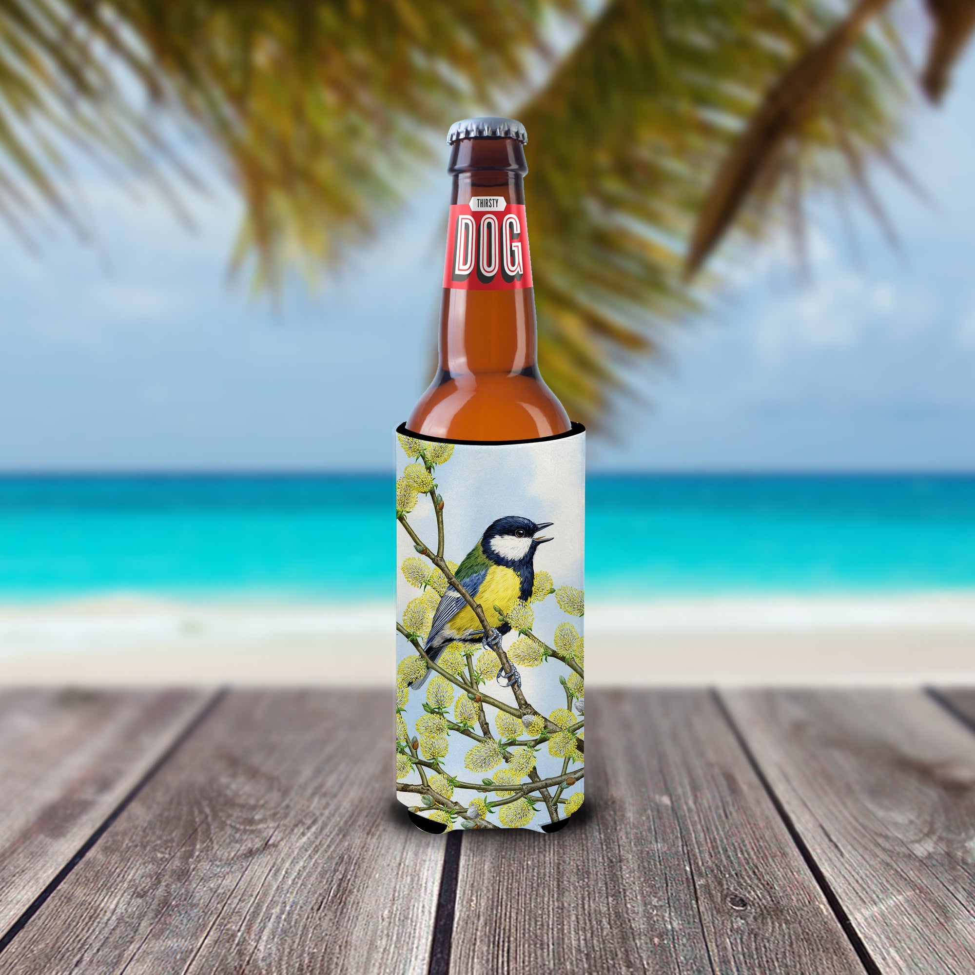 Eurasian Blue Tit on a branch Slim Can Hugger , Insulated Foam Hugger for 12 oz Slim Cans, Beer Bottles & Water Bottles, Printed in USA