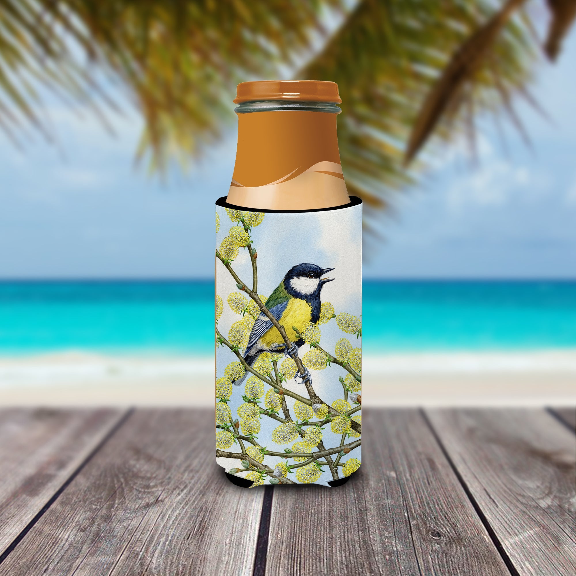 Eurasian Blue Tit on a branch Slim Can Hugger , Insulated Foam Hugger for 12 oz Slim Cans, Beer Bottles & Water Bottles, Printed in USA