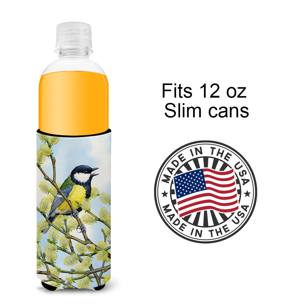 Eurasian Blue Tit on a branch Slim Can Hugger , Insulated Foam Hugger for 12 oz Slim Cans, Beer Bottles & Water Bottles, Printed in USA