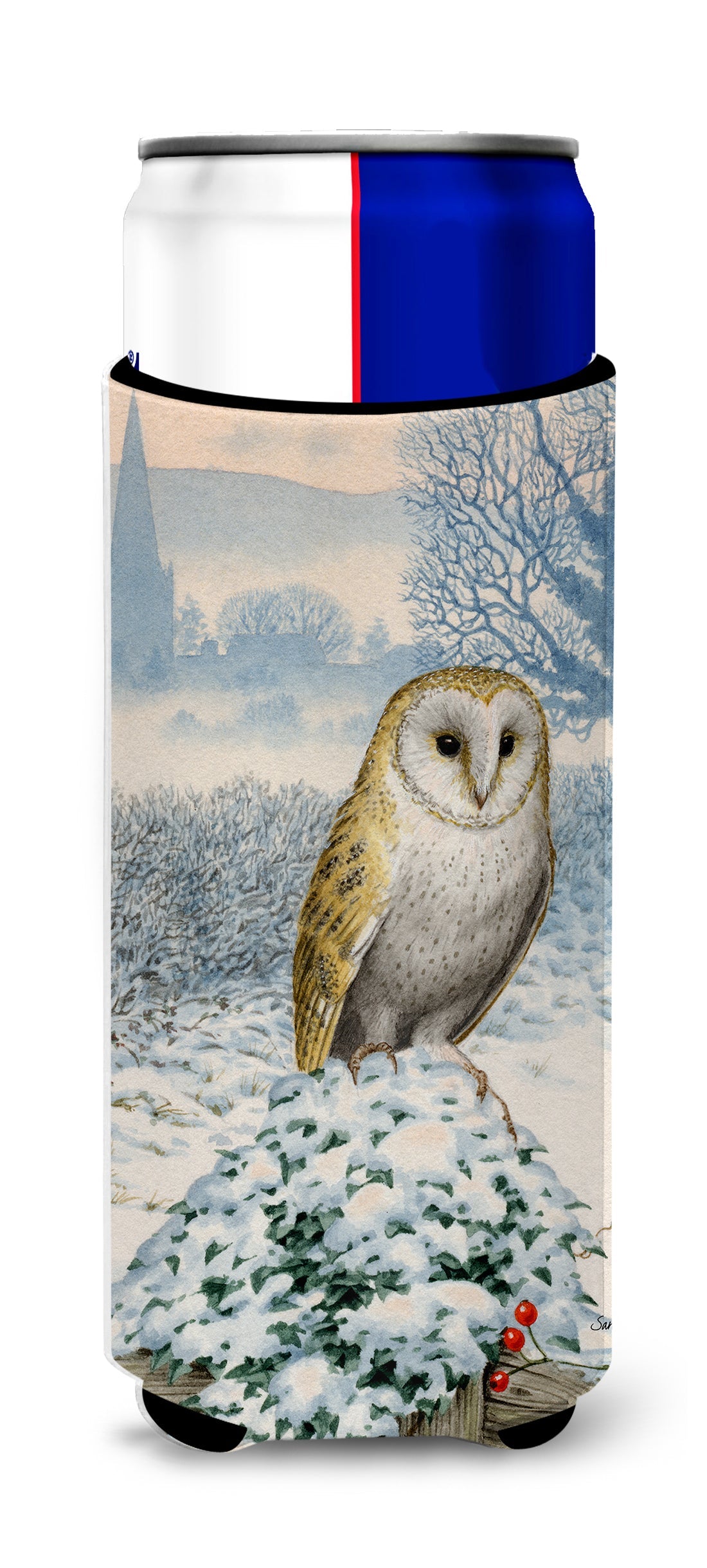 Barn Owl Slim Can Hugger , Insulated Foam Hugger for 12 oz Slim Cans, Beer Bottles & Water Bottles, Printed in USA
