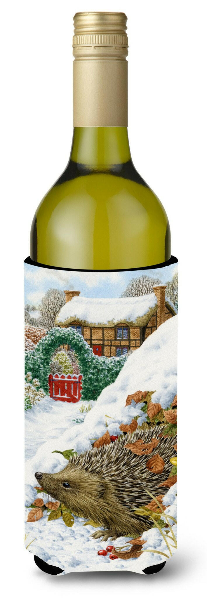 Hedgehog Holiday Wine Bottle Hugger Gift Sleeve for Standard 750 ml Bottles, Insulated Reusable Also Fits Mini Shot & Pint Bottles