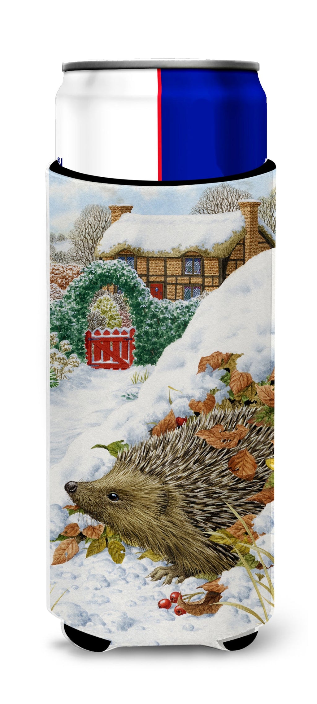 Hedgehog Holiday Slim Can Hugger , Insulated Foam Hugger for 12 oz Slim Cans, Beer Bottles & Water Bottles, Printed in USA