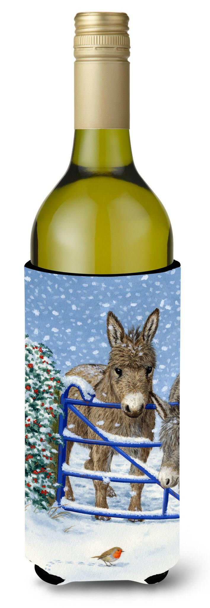 Donkeys and Robin Wine Bottle Hugger Gift Sleeve for Standard 750 ml Bottles, Insulated Reusable Also Fits Mini Shot & Pint Bottles