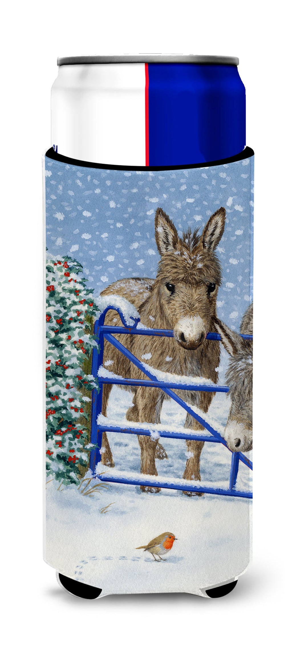 Donkeys and Robin Slim Can Hugger , Insulated Foam Hugger for 12 oz Slim Cans, Beer Bottles & Water Bottles, Printed in USA