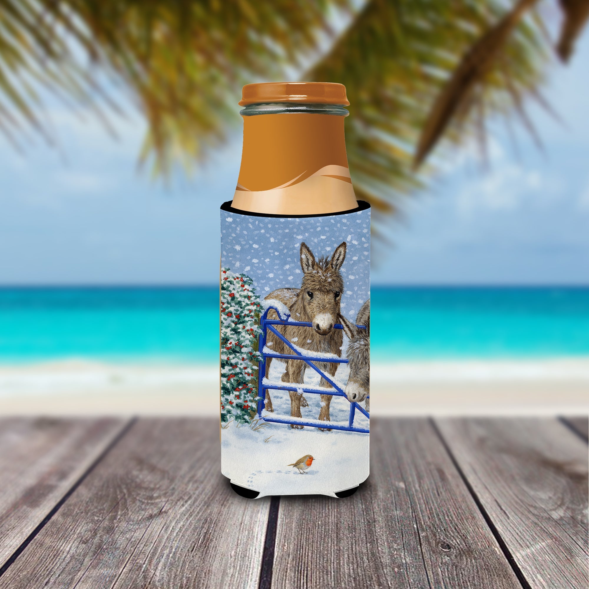 Donkeys and Robin Slim Can Hugger , Insulated Foam Hugger for 12 oz Slim Cans, Beer Bottles & Water Bottles, Printed in USA