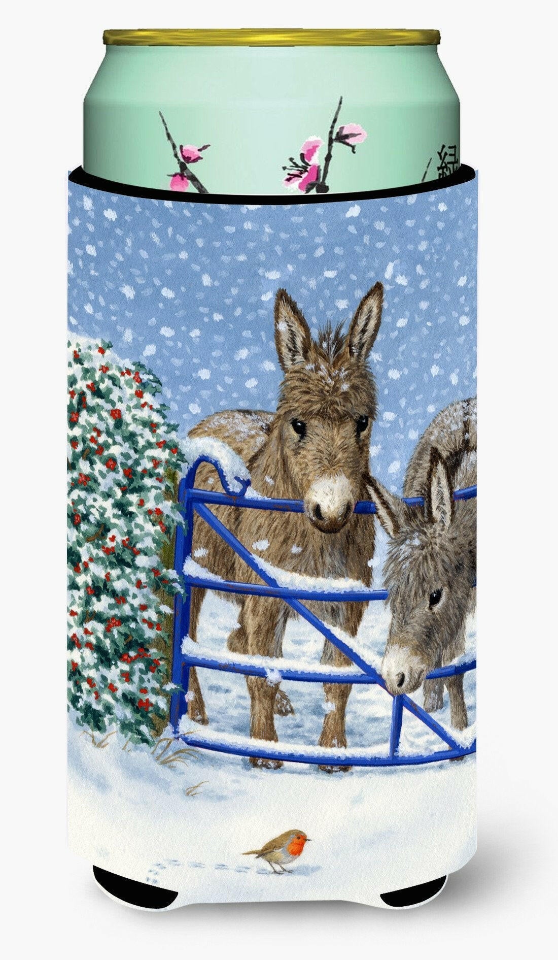 Donkeys and Robin Tall Boy Hugger Can Cooler Sleeve Machine Washable Drink Collapsible Insulator Beverage Insulated Holder